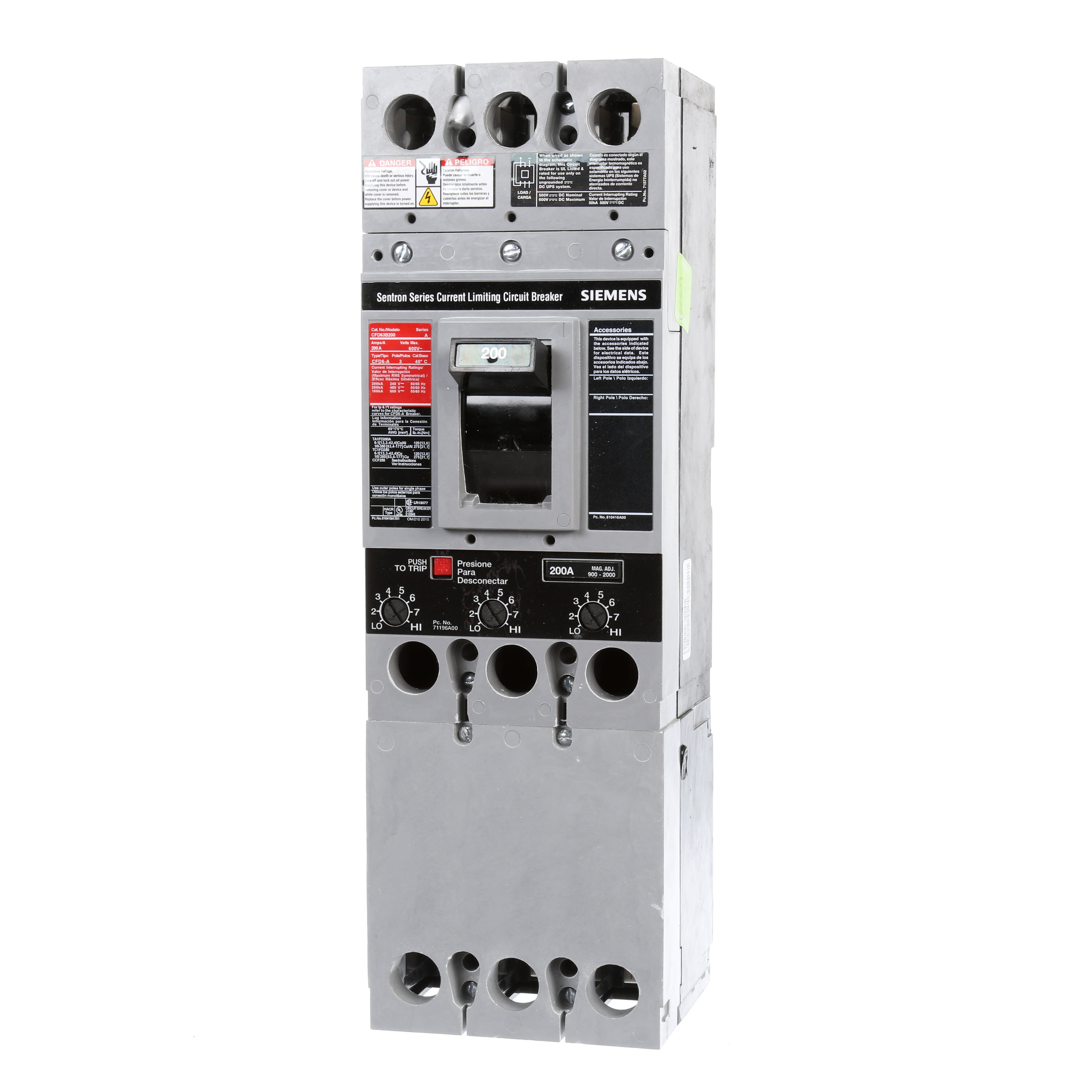 SIEMENS LOW VOLTAGE SENTRON MOLDED CASE CIRCUIT BREAKER WITH THERMAL - MAGNETICTRIP UNIT. UN-ASSEMBLED STANDARD 40 DEG C BREAKER FD FRAME WITH STANDARD BREAKING CAPACITY. 200A 3-POLE (22KAIC AT 600V) (35KAIC AT 480V). INTERCHANGEABLE TRIPUNIT. SPECIAL FEATURES LINE AND LOAD SIDE LUGS (TA1FD350A) WIRE RANGE 6AWG - 350KCMIL (CU) / 4AWG - 350KCMIL (AL). DIMENSIONS (W x H x D) IN 4.50 x 9.5 x 4.00.