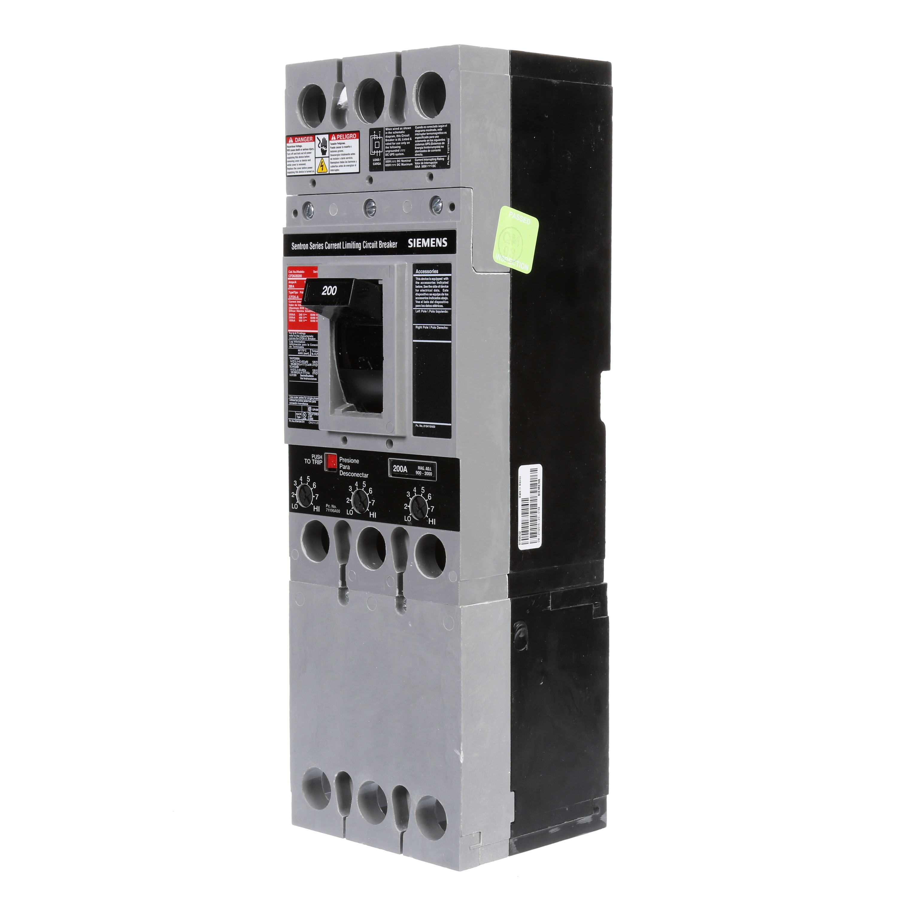SIEMENS LOW VOLTAGE SENTRON MOLDED CASE CIRCUIT BREAKER WITH THERMAL - MAGNETICTRIP UNIT. ASSEMBLED STANDARD 40 DEG C BREAKER FD FRAME WITH FUSELESS CURRENT LIMITING BREAKING CAPACITY. 200A 3-POLE (100KAIC AT 600V) (200KAIC AT 480V). NON-INTERCHANGEABLE TRIP UNIT. SPECIAL FEATURES NO LUGS INSTALLED. DIMENSIONS (W x Hx D) IN 4.50 x 14.3 x 4.00.