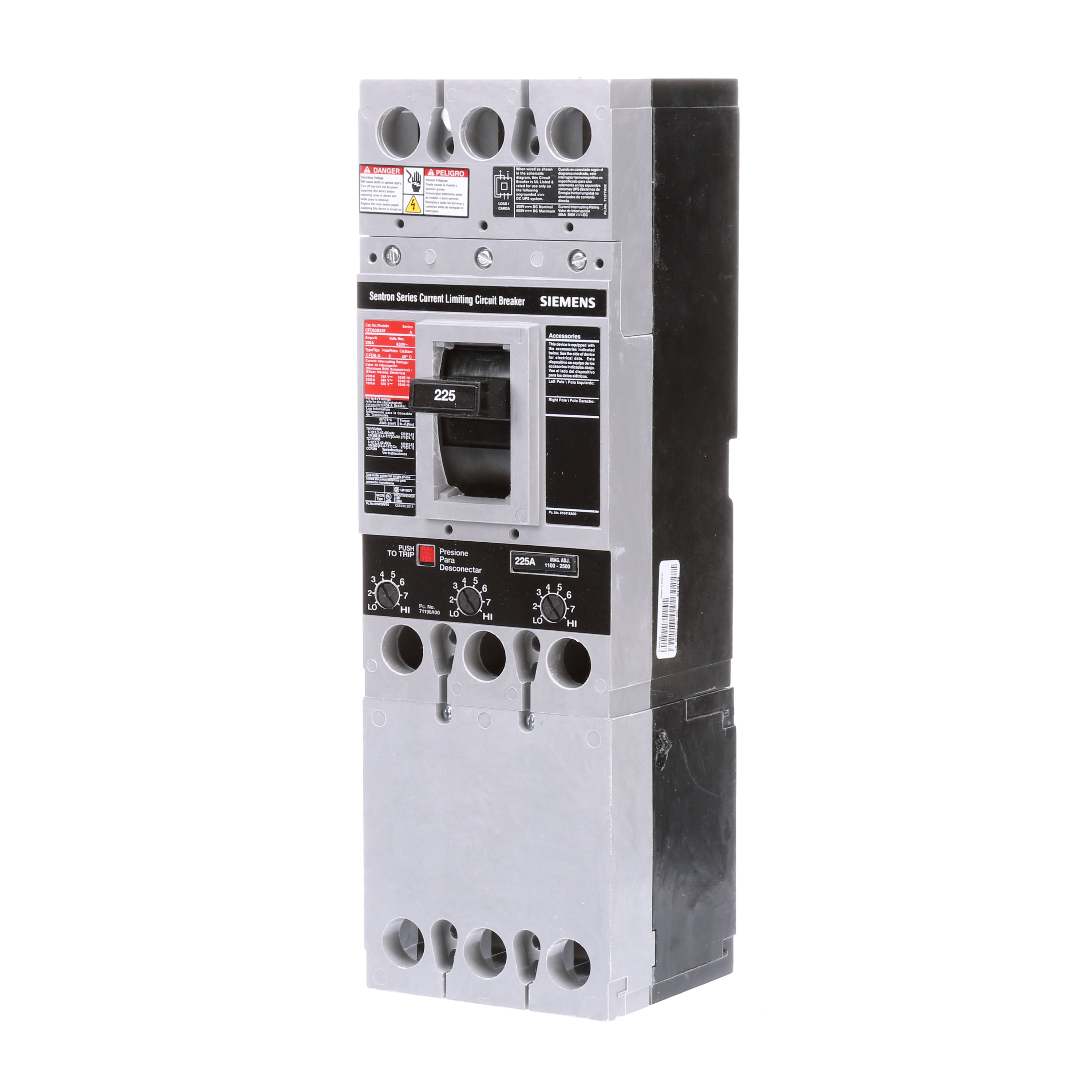 SIEMENS LOW VOLTAGE SENTRON MOLDED CASE CIRCUIT BREAKER WITH THERMAL - MAGNETICTRIP UNIT. ASSEMBLED STANDARD 40 DEG C BREAKER FD FRAME WITH FUSELESS CURRENT LIMITING BREAKING CAPACITY. 225A 3-POLE (100KAIC AT 600V) (200KAIC AT 480V). NON-INTERCHANGEABLE TRIP UNIT. SPECIAL FEATURES NO LUGS INSTALLED. DIMENSIONS (W x Hx D) IN 4.50 x 14.3 x 4.00.