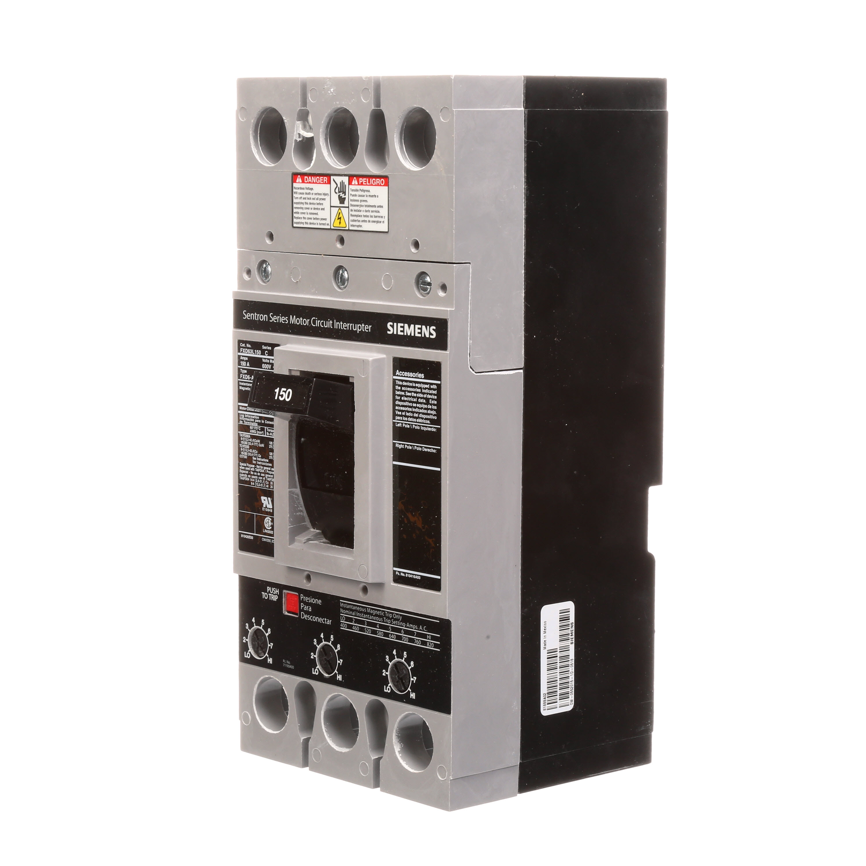 SIEMENS LOW VOLTAGE SENTRON MOLDED CASE CIRCUIT BREAKER WITH MAGNETIC TRIP ONLYUNIT. LOW INSTANTANEOUS RANGE ETI BREAKER FD FRAME W ITHSTANDARD BREAKING CAPACITY AND NON INTERCHANGEABLE TRIP. MEETS UL 489 /IEC 60947-2 STANDARDS. 150A 3-POLE BREAKER (22KAIC AT 600V) (35KAIC AT480V). SPECIAL FEATURES NO LUGS INSTALLED.DIMENSIONS (W x H x D) IN 4.5 x 9.5 x 4.____________________________________ ____________________________________