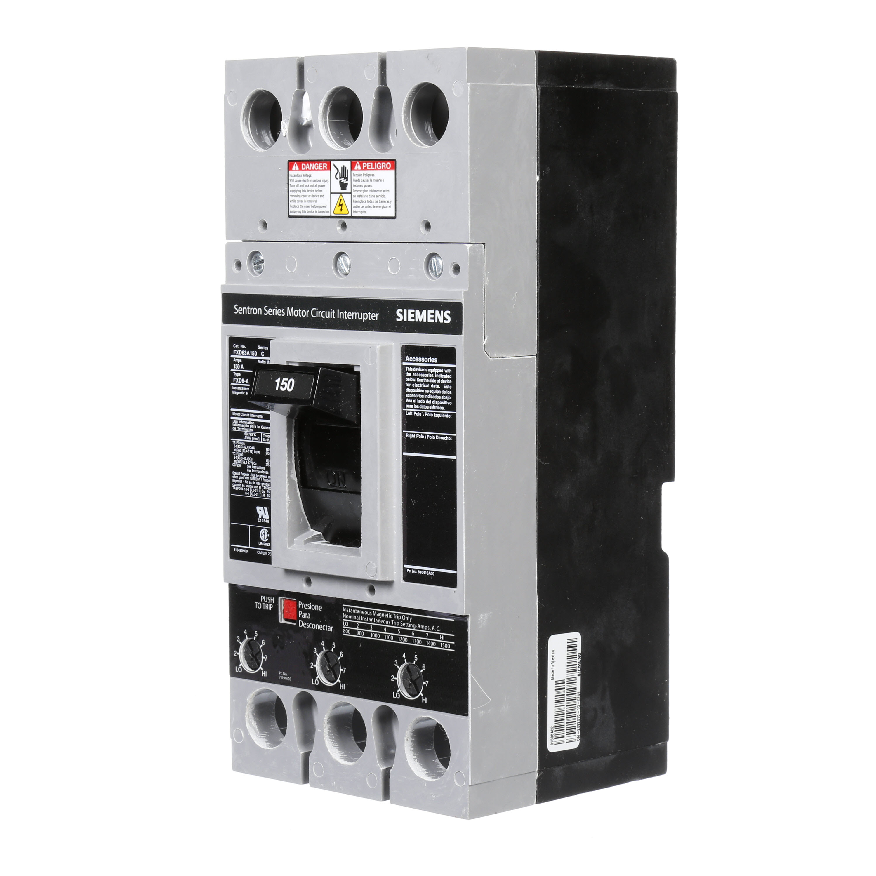 SIEMENS LOW VOLTAGE SENTRON MOLDED CASE CIRCUIT BREAKER WITH MAGNETIC TRIP ONLYUNIT. STANDARD RANGE ETI BREAKER FD FRAME WITH STAND ARDBREAKING CAPACITY AND NON INTERCHANGEABLE TRIP. MEETS UL 489 / IEC60947-2 STANDARDS. 150A 3-POLE BREAKER (22KAIC AT 600V) (35KAIC AT480V). SPECIAL FEATURES NO LUGS INSTALLED. DIMENSIONS (W x H x D) IN 4.5 x 9.5 x 4._____________________________________________ ___________________________