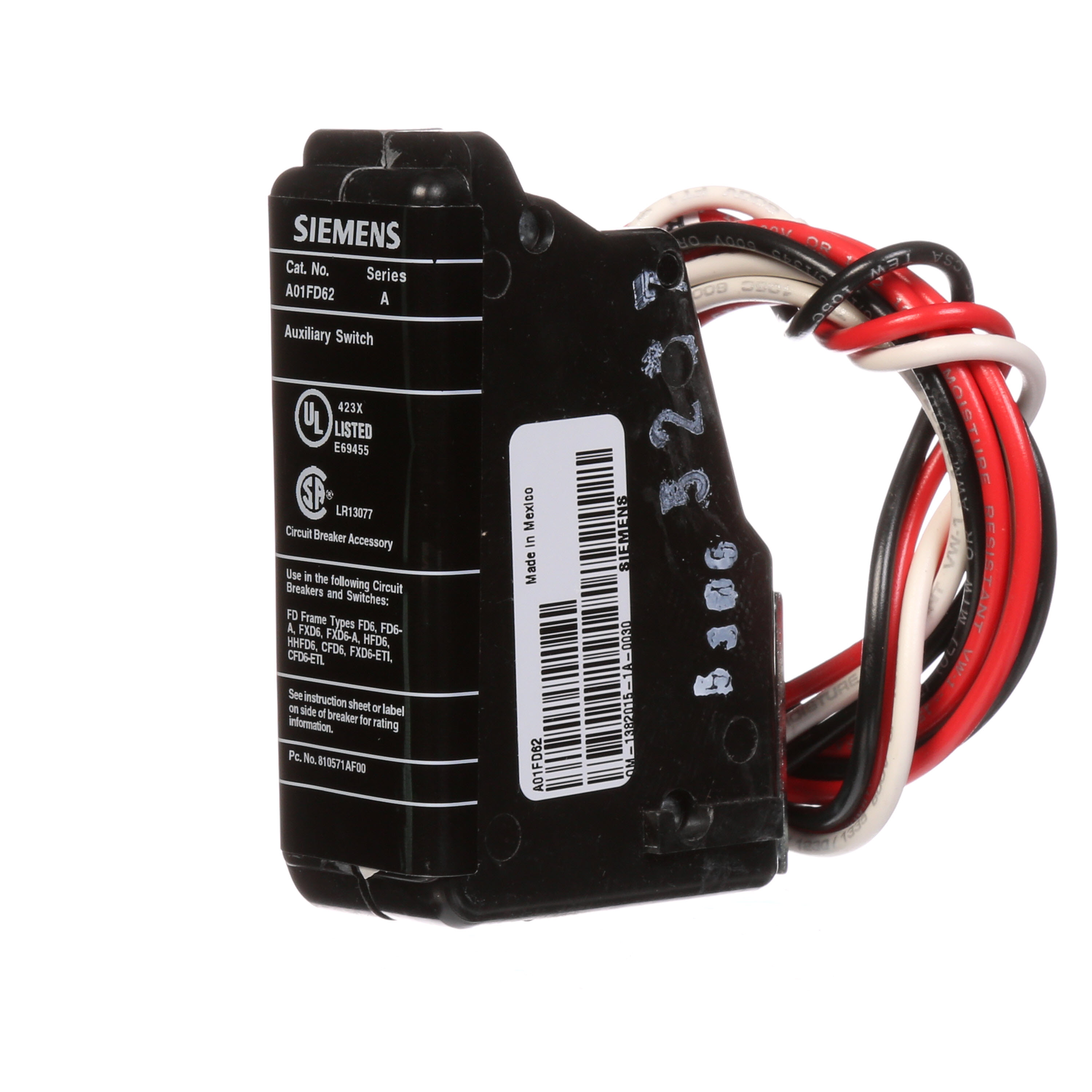 SIEMENS LOW VOLTAGE SENTRON MOLDED CASE CIRCUIT BREAKER INTERNAL ACCESSORY. FORM C 240 VAC AUXILIARY SWITCH (1NO / 1NC). SUITS FD FRAME BREAKERS.