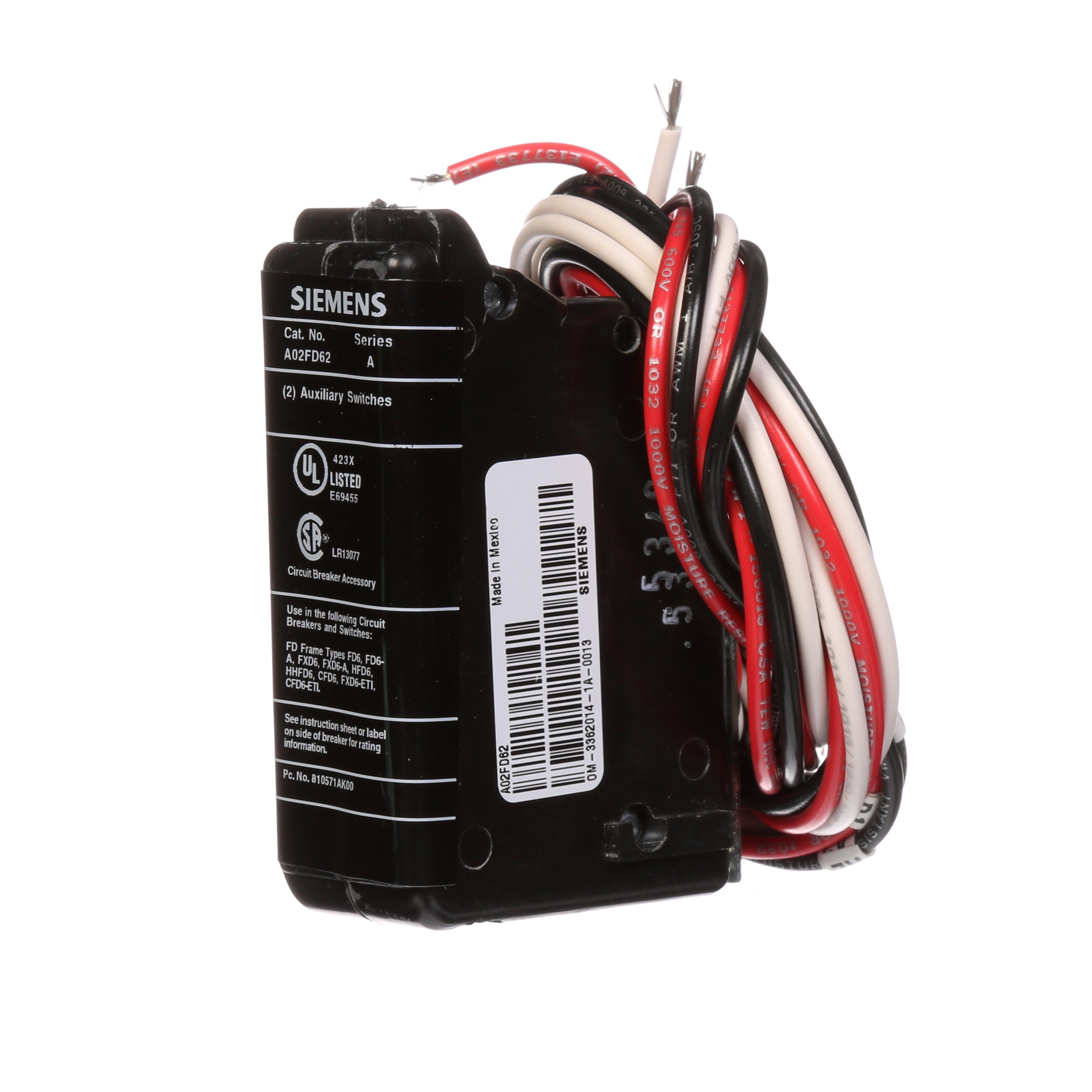SIEMENS LOW VOLTAGE SENTRON MOLDED CASE CIRCUIT BREAKER INTERNAL ACCESSORY. TWOFORM C 240 VAC AUXILIARY SWITCH (1NO / 1NC). SUITS FD FRAME BREAKERS.