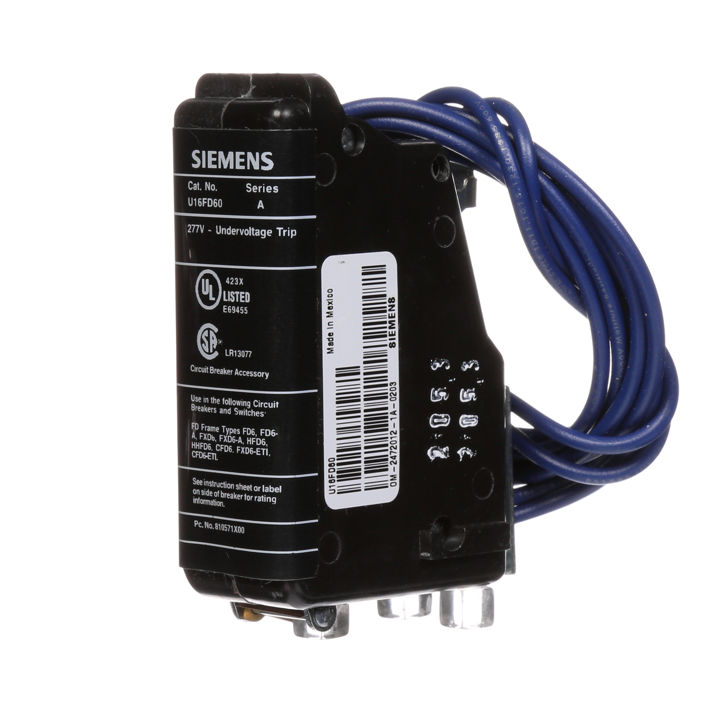 SIEMENS LOW VOLTAGE SENTRON MOLDED CASE CIRCUIT BREAKER INTERNAL ACCESSORY. 277VAC UNDERVOLTAGE REALEASE. SUITS FD FRAME BREAKERS.