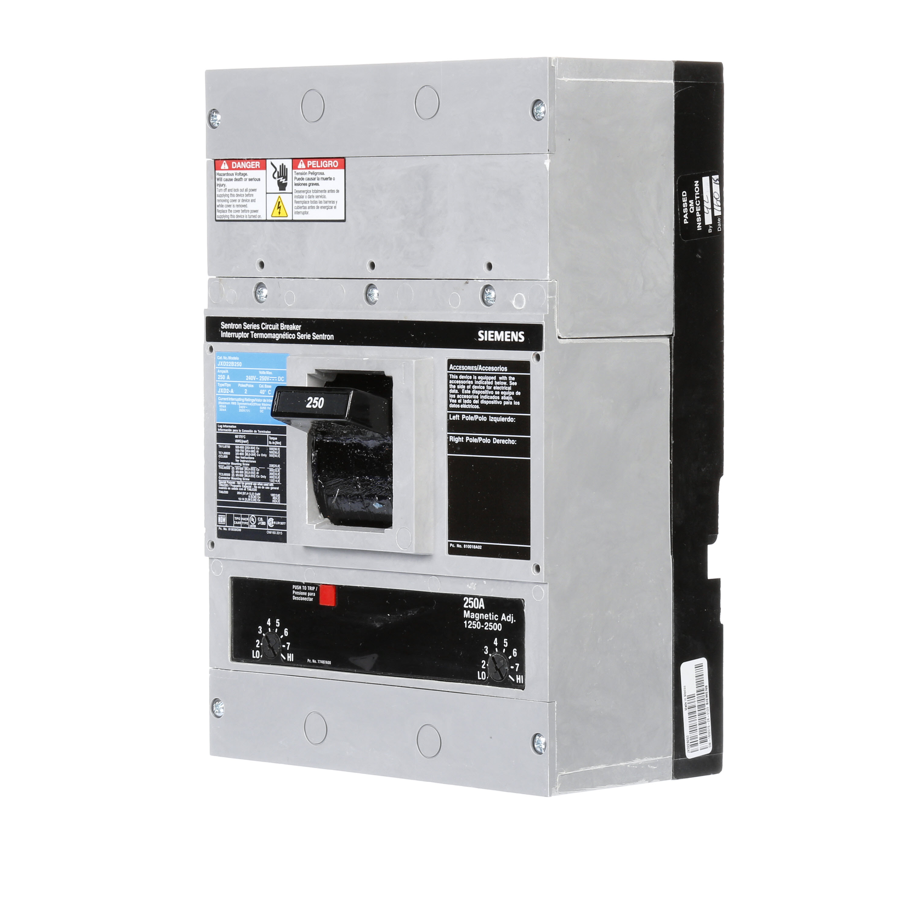 SIEMENS LOW VOLTAGE SENTRON MOLDED CASE CIRCUIT BREAKER WITH THERMAL - MAGNETICTRIP UNIT. ASSEMBLED STANDARD 40 DEG C BREAKER JD FRAME WITH STANDARD BREAKING CAPACITY. 250A 2-POLE (65KAIC AT 240V). NON-INTERCHANGEABLE TRIP UNIT. SPECIAL FEATURES NO LUGS INSTALLED. DIMENSIONS (W x H x D) IN 7.50 x 11.0 x 4.00.