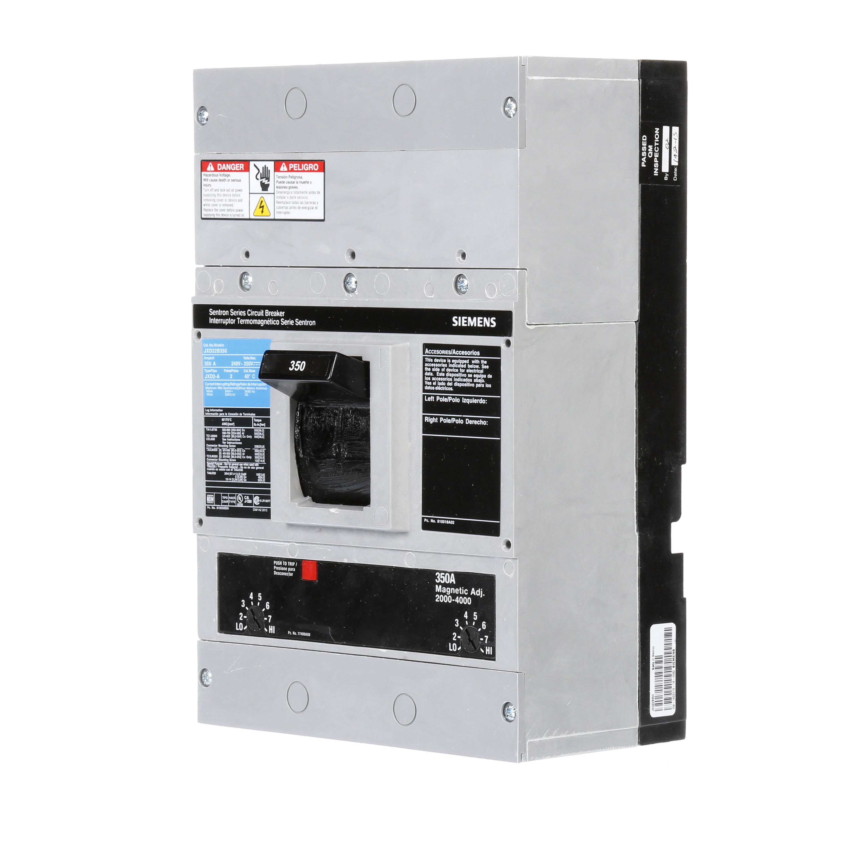 SIEMENS LOW VOLTAGE SENTRON MOLDED CASE CIRCUIT BREAKER WITH THERMAL - MAGNETICTRIP UNIT. ASSEMBLED STANDARD 40 DEG C BREAKER JD FRAME WITH STANDARD BREAKING CAPACITY. 350A 2-POLE (65KAIC AT 240V). NON-INTERCHANGEABLE TRIP UNIT. SPECIAL FEATURES NO LUGS INSTALLED. DIMENSIONS (W x H x D) IN 7.50 x 11.0 x 4.00.