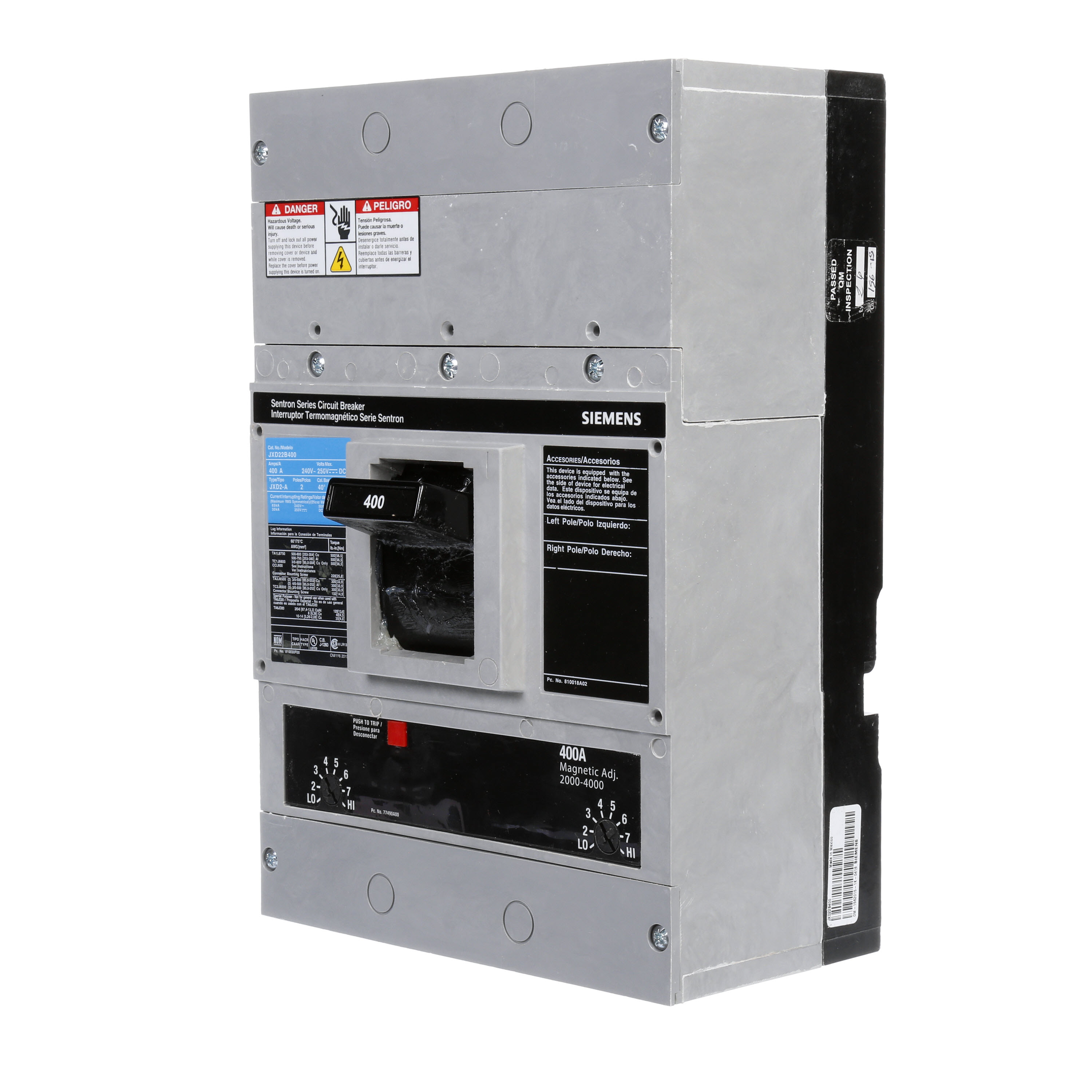 SIEMENS LOW VOLTAGE SENTRON MOLDED CASE CIRCUIT BREAKER WITH THERMAL - MAGNETICTRIP UNIT. ASSEMBLED STANDARD 40 DEG C BREAKER JD FRAME WITH STANDARD BREAKING CAPACITY. 400A 2-POLE (65KAIC AT 240V). NON-INTERCHANGEABLE TRIP UNIT. SPECIAL FEATURES NO LUGS INSTALLED. DIMENSIONS (W x H x D) IN 7.50 x 11.0 x 4.00.