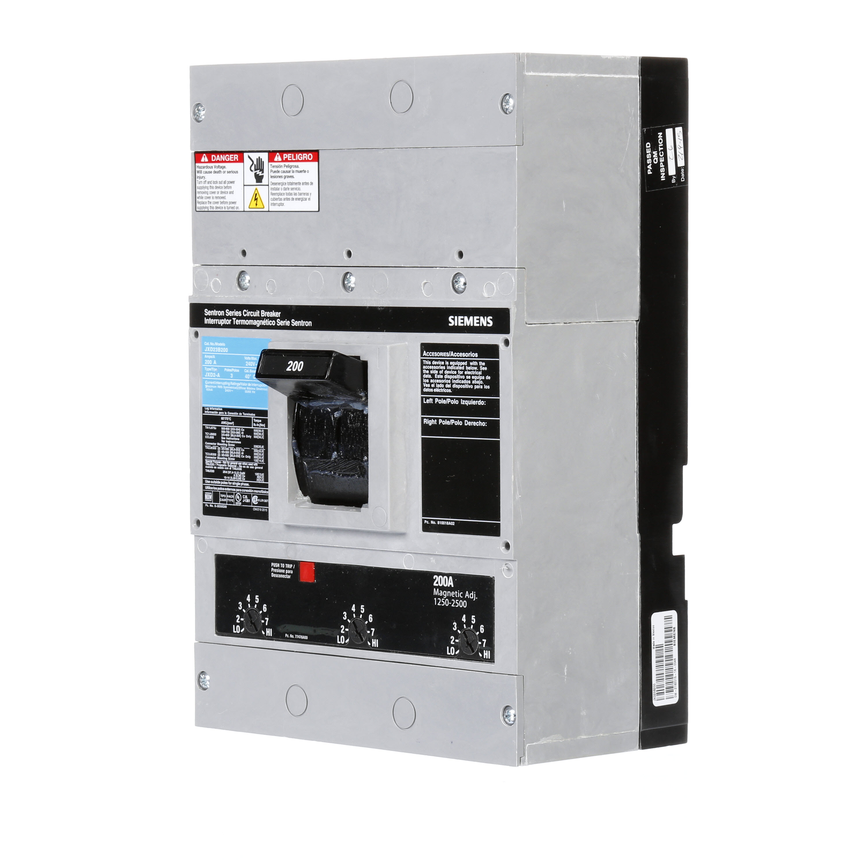 SIEMENS LOW VOLTAGE SENTRON MOLDED CASE CIRCUIT BREAKER WITH THERMAL - MAGNETICTRIP UNIT. ASSEMBLED STANDARD 40 DEG C BREAKER JD FRAME WITH STANDARD BREAKING CAPACITY. 200A 3-POLE (65KAIC AT 240V). NON-INTERCHANGEABLE TRIP UNIT. SPECIAL FEATURES NO LUGS INSTALLED. DIMENSIONS (W x H x D) IN 7.50 x 11.0 x 4.00.