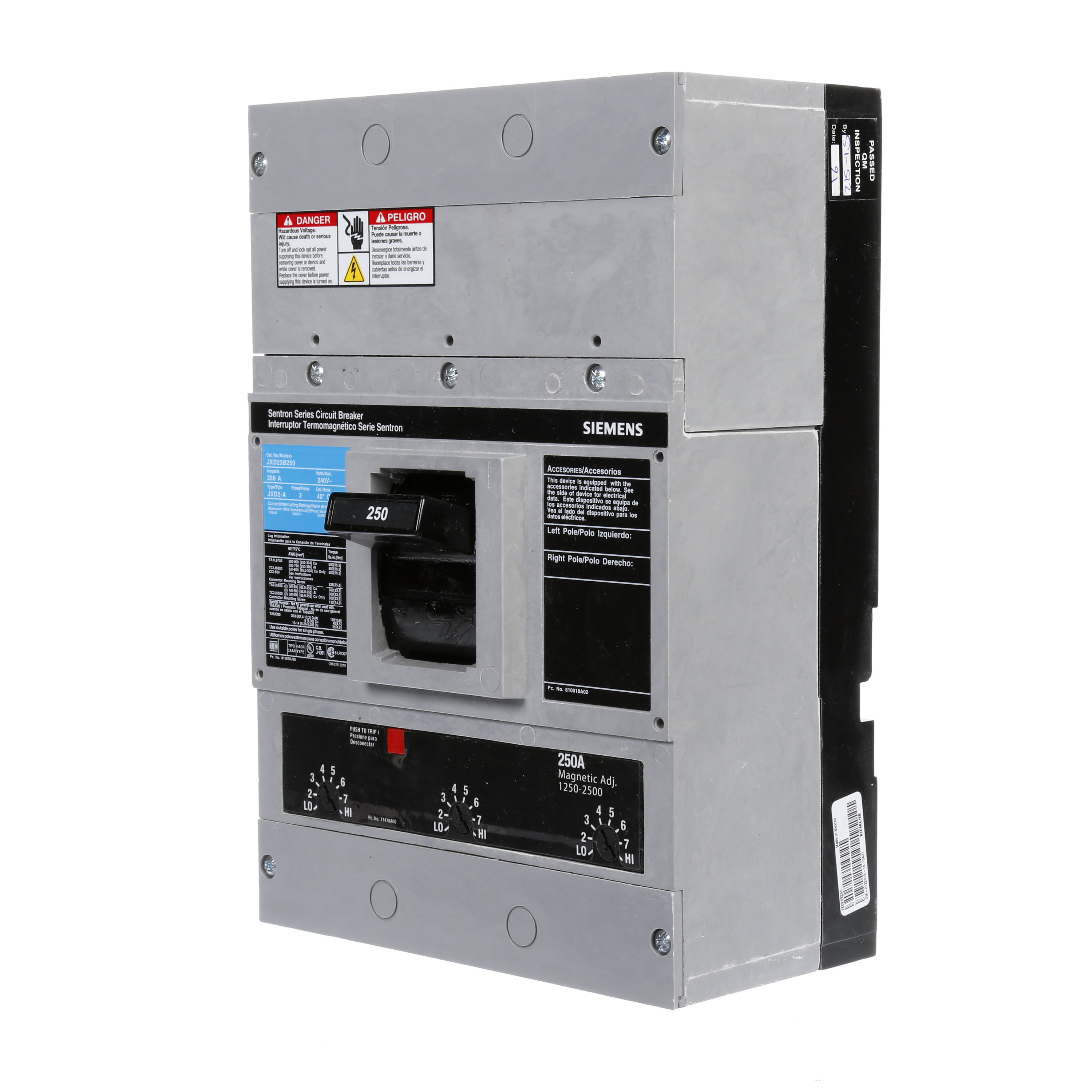 SIEMENS LOW VOLTAGE SENTRON MOLDED CASE CIRCUIT BREAKER WITH THERMAL - MAGNETICTRIP UNIT. ASSEMBLED STANDARD 40 DEG C BREAKER JD FRAME WITH STANDARD BREAKING CAPACITY. 250A 3-POLE (65KAIC AT 240V). NON-INTERCHANGEABLE TRIP UNIT. SPECIAL FEATURES NO LUGS INSTALLED. DIMENSIONS (W x H x D) IN 7.50 x 11.0 x 4.00.
