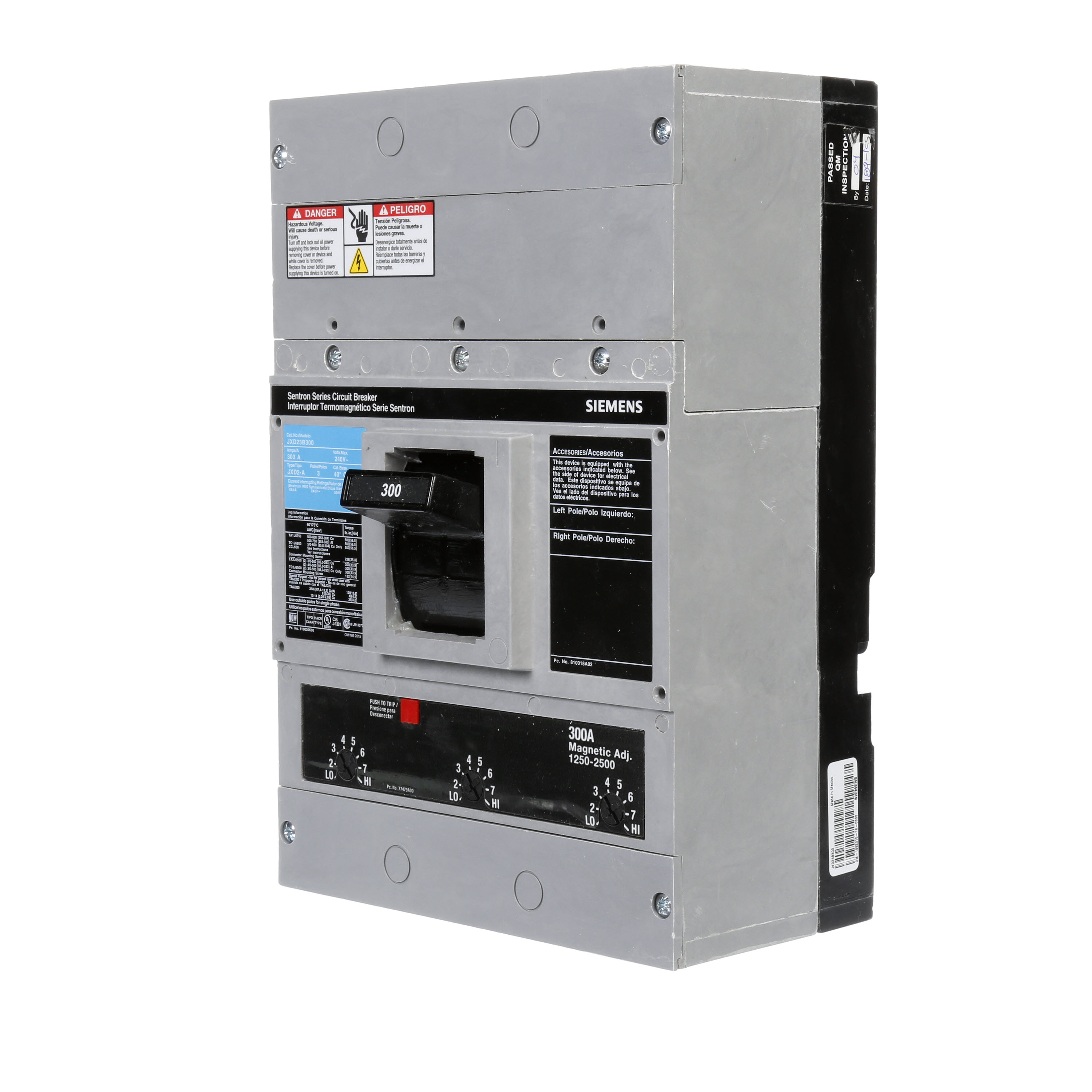 SIEMENS LOW VOLTAGE SENTRON MOLDED CASE CIRCUIT BREAKER WITH THERMAL - MAGNETICTRIP UNIT. ASSEMBLED STANDARD 40 DEG C BREAKER JD FRAME WITH STANDARD BREAKING CAPACITY. 300A 3-POLE (65KAIC AT 240V). NON-INTERCHANGEABLE TRIP UNIT. SPECIAL FEATURES NO LUGS INSTALLED. DIMENSIONS (W x H x D) IN 7.50 x 11.0 x 4.00.