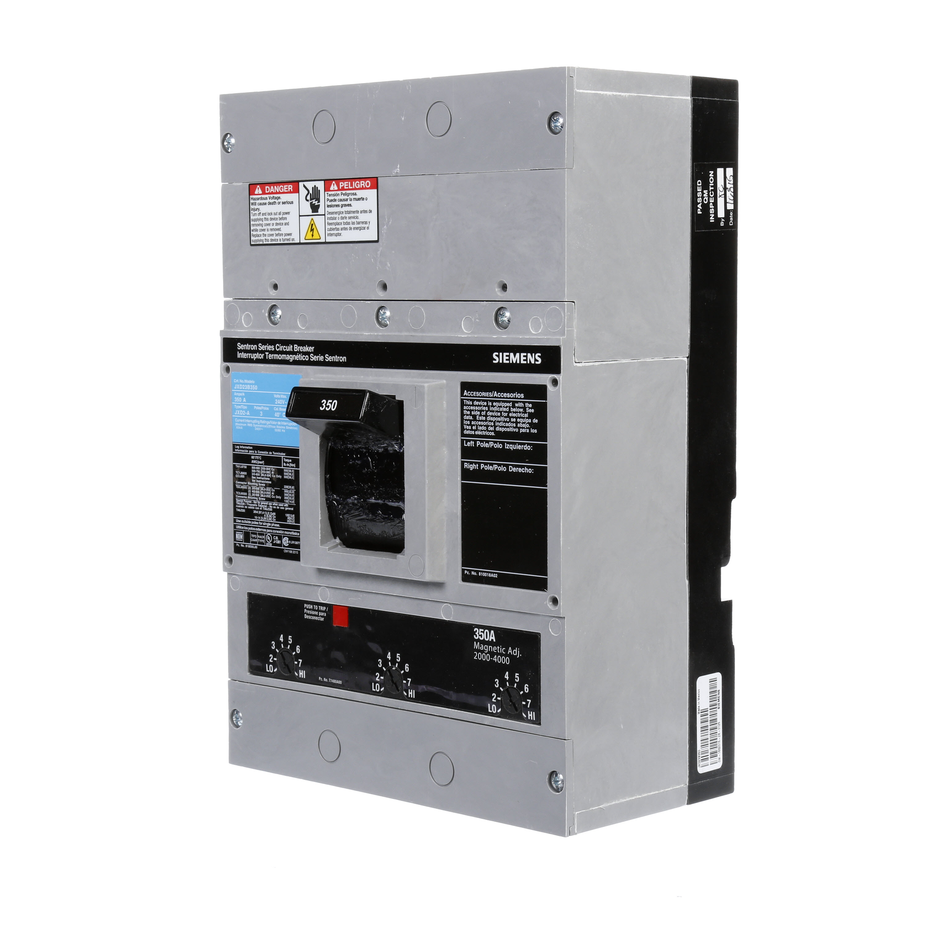 SIEMENS LOW VOLTAGE SENTRON MOLDED CASE CIRCUIT BREAKER WITH THERMAL - MAGNETICTRIP UNIT. ASSEMBLED STANDARD 40 DEG C BREAKER JD FRAME WITH STANDARD BREAKING CAPACITY. 350A 3-POLE (65KAIC AT 240V). NON-INTERCHANGEABLE TRIP UNIT. SPECIAL FEATURES NO LUGS INSTALLED. DIMENSIONS (W x H x D) IN 7.50 x 11.0 x 4.00.