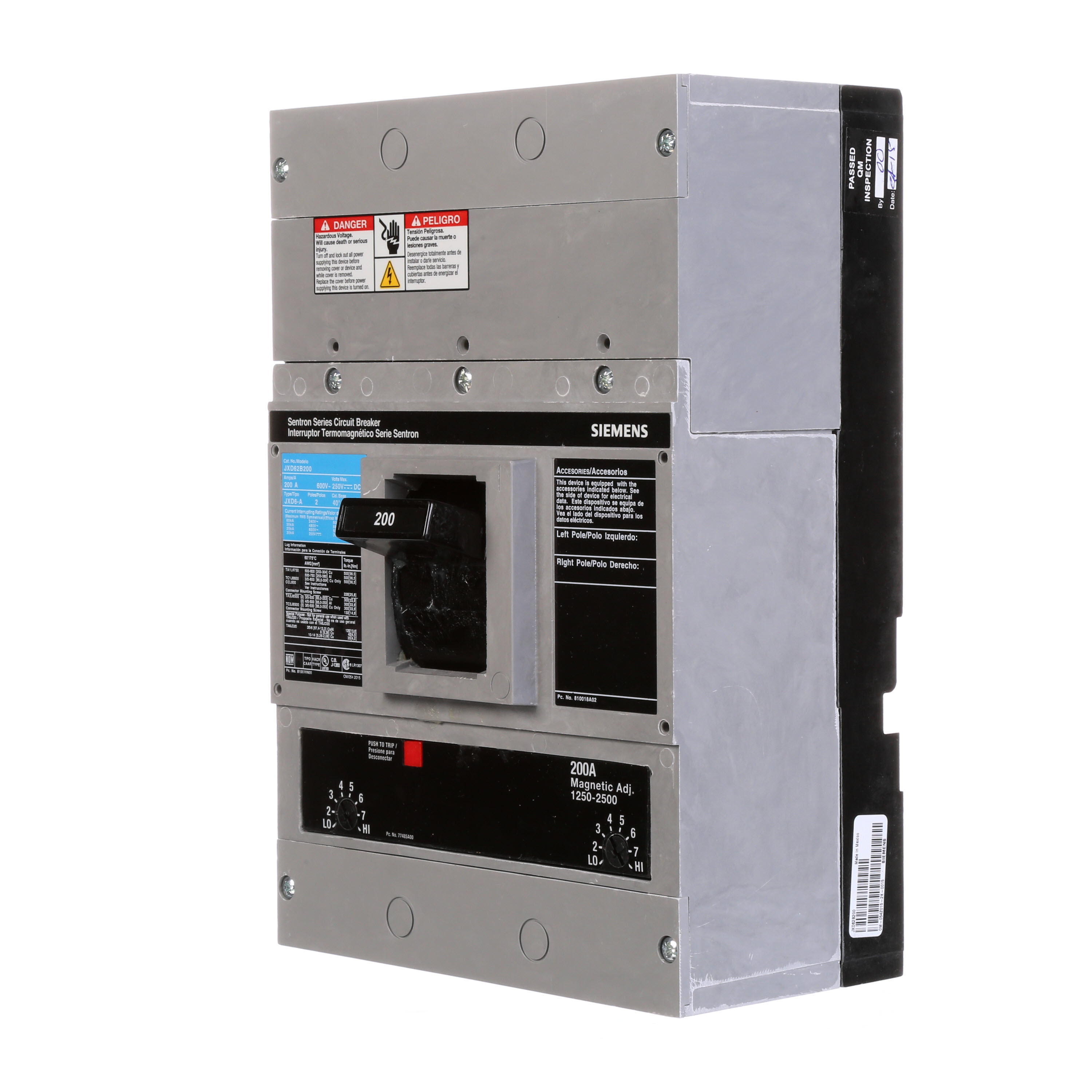 SIEMENS LOW VOLTAGE SENTRON MOLDED CASE CIRCUIT BREAKER WITH THERMAL - MAGNETICTRIP UNIT. ASSEMBLED STANDARD 40 DEG C BREAKER JD FRAME WITH STANDARD BREAKING CAPACITY. 200A 2-POLE (25KAIC AT 600V) (35KAIC AT 480V). NON-INTERCHANGEABLE TRIP UNIT. SPECIAL FEATURES NO LUGS INSTALLED. DIMENSIONS (W x H x D) IN 7.50 x 11.0 x 4.00.