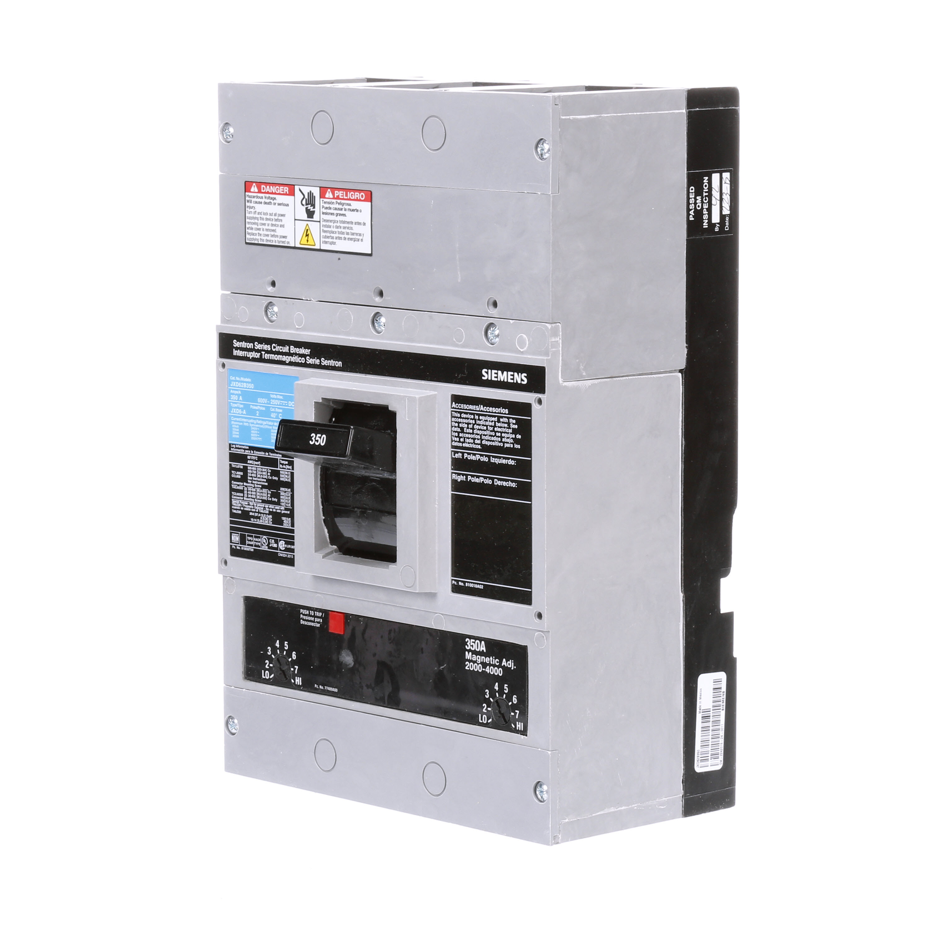SIEMENS LOW VOLTAGE SENTRON MOLDED CASE CIRCUIT BREAKER WITH THERMAL - MAGNETICTRIP UNIT. ASSEMBLED STANDARD 40 DEG C BREAKER JD FRAME WITH STANDARD BREAKING CAPACITY. 350A 2-POLE (25KAIC AT 600V) (35KAIC AT 480V). NON-INTERCHANGEABLE TRIP UNIT. SPECIAL FEATURES NO LUGS INSTALLED. DIMENSIONS (W x H x D) IN 7.50 x 11.0 x 4.00.