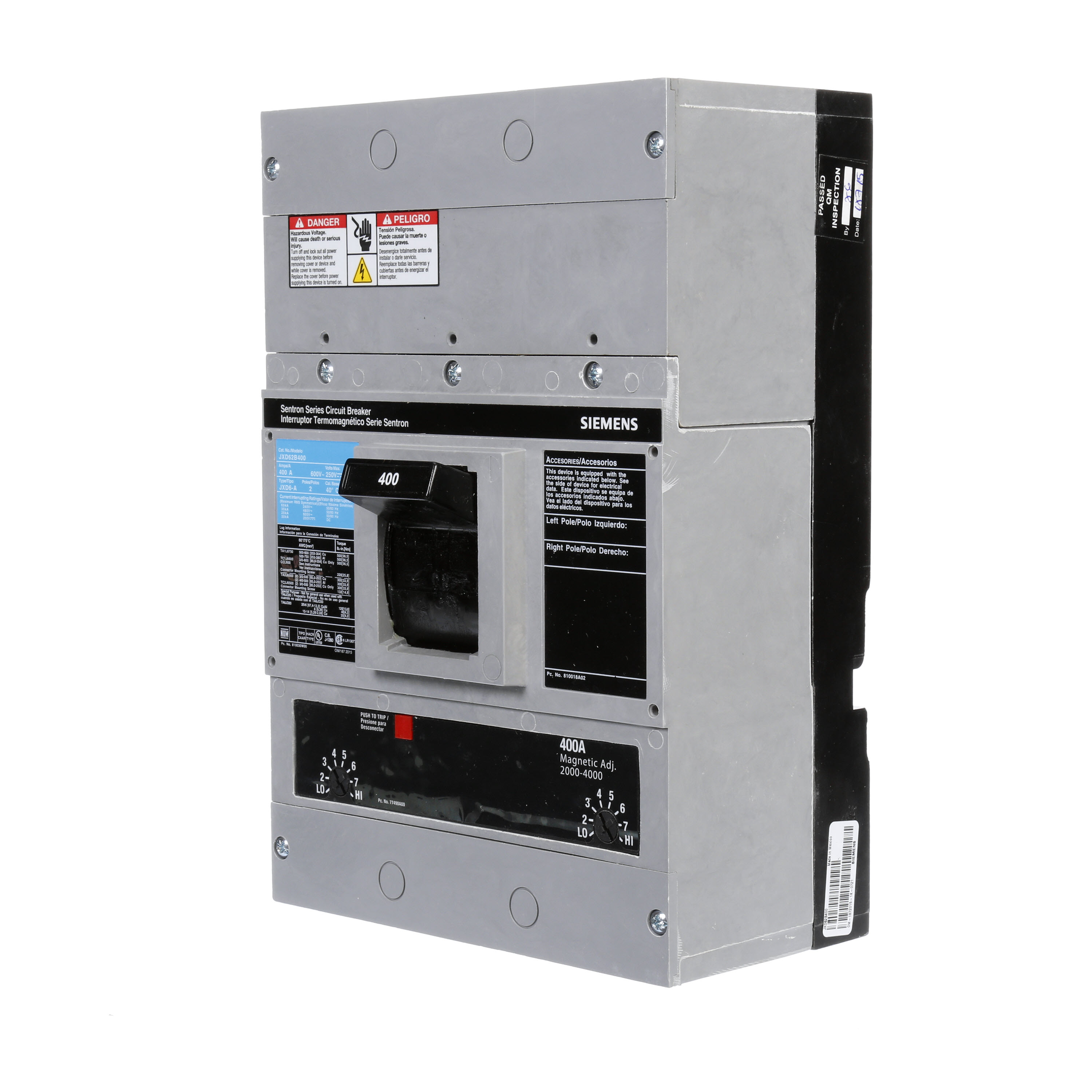 SIEMENS LOW VOLTAGE SENTRON MOLDED CASE CIRCUIT BREAKER WITH THERMAL - MAGNETICTRIP UNIT. ASSEMBLED STANDARD 40 DEG C BREAKER JD FRAME WITH STANDARD BREAKING CAPACITY. 400A 2-POLE (25KAIC AT 600V) (35KAIC AT 480V). NON-INTERCHANGEABLE TRIP UNIT. SPECIAL FEATURES NO LUGS INSTALLED. DIMENSIONS (W x H x D) IN 7.50 x 11.0 x 4.00.