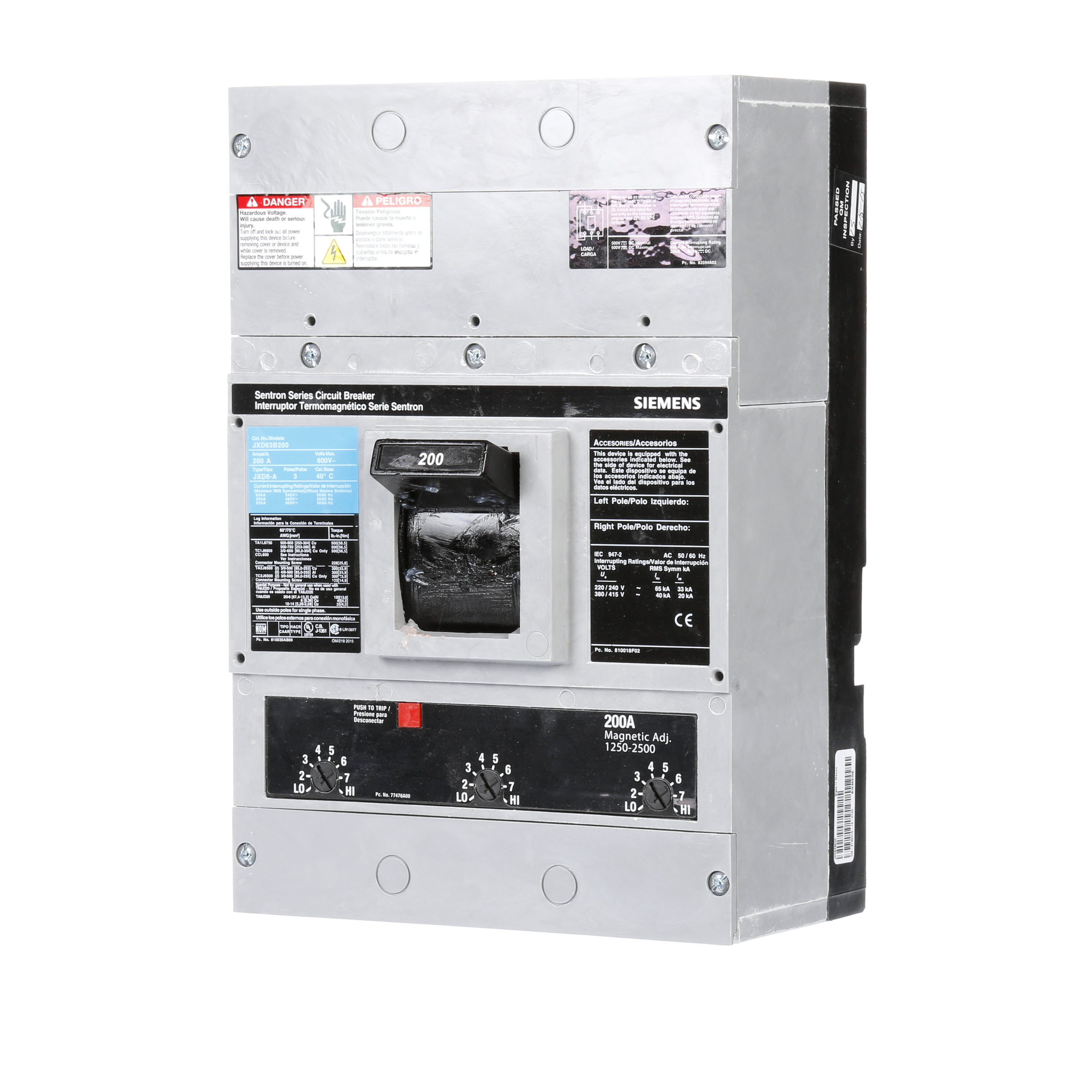 SIEMENS LOW VOLTAGE SENTRON MOLDED CASE CIRCUIT BREAKER WITH THERMAL - MAGNETICTRIP UNIT. ASSEMBLED STANDARD 40 DEG C BREAKER JD FRAME WITH STANDARD BREAKING CAPACITY. 200A 3-POLE (25KAIC AT 600V) (35KAIC AT 480V). NON-INTERCHANGEABLE TRIP UNIT. SPECIAL FEATURES NO LUGS INSTALLED. DIMENSIONS (W x H x D) IN 7.50 x 11.0 x 4.00.