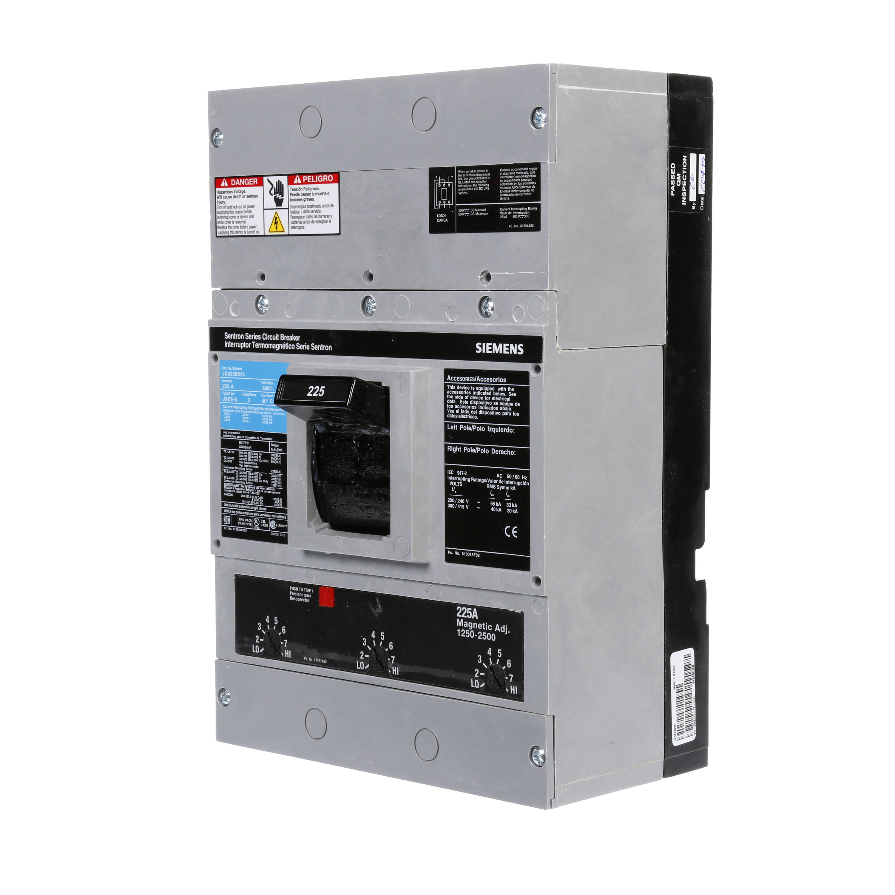 SIEMENS LOW VOLTAGE SENTRON MOLDED CASE CIRCUIT BREAKER WITH THERMAL - MAGNETICTRIP UNIT. ASSEMBLED STANDARD 40 DEG C BREAKER JD FRAME WITH STANDARD BREAKING CAPACITY. 225A 3-POLE (25KAIC AT 600V) (35KAIC AT 480V). NON-INTERCHANGEABLE TRIP UNIT. SPECIAL FEATURES NO LUGS INSTALLED. DIMENSIONS (W x H x D) IN 7.50 x 11.0 x 4.00.