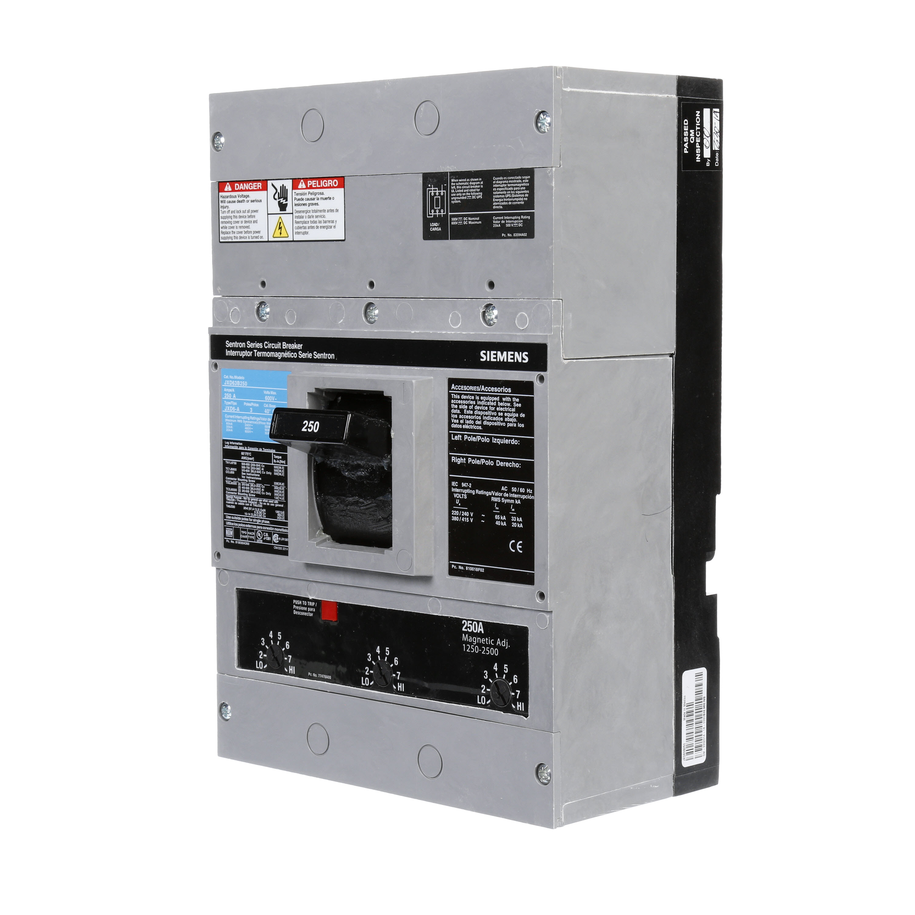 SIEMENS LOW VOLTAGE SENTRON MOLDED CASE CIRCUIT BREAKER WITH THERMAL - MAGNETICTRIP UNIT. ASSEMBLED STANDARD 40 DEG C BREAKER JD FRAME WITH STANDARD BREAKING CAPACITY. 250A 3-POLE (25KAIC AT 600V) (35KAIC AT 480V). NON-INTERCHANGEABLE TRIP UNIT. SPECIAL FEATURES NO LUGS INSTALLED. DIMENSIONS (W x H x D) IN 7.50 x 11.0 x 4.00.