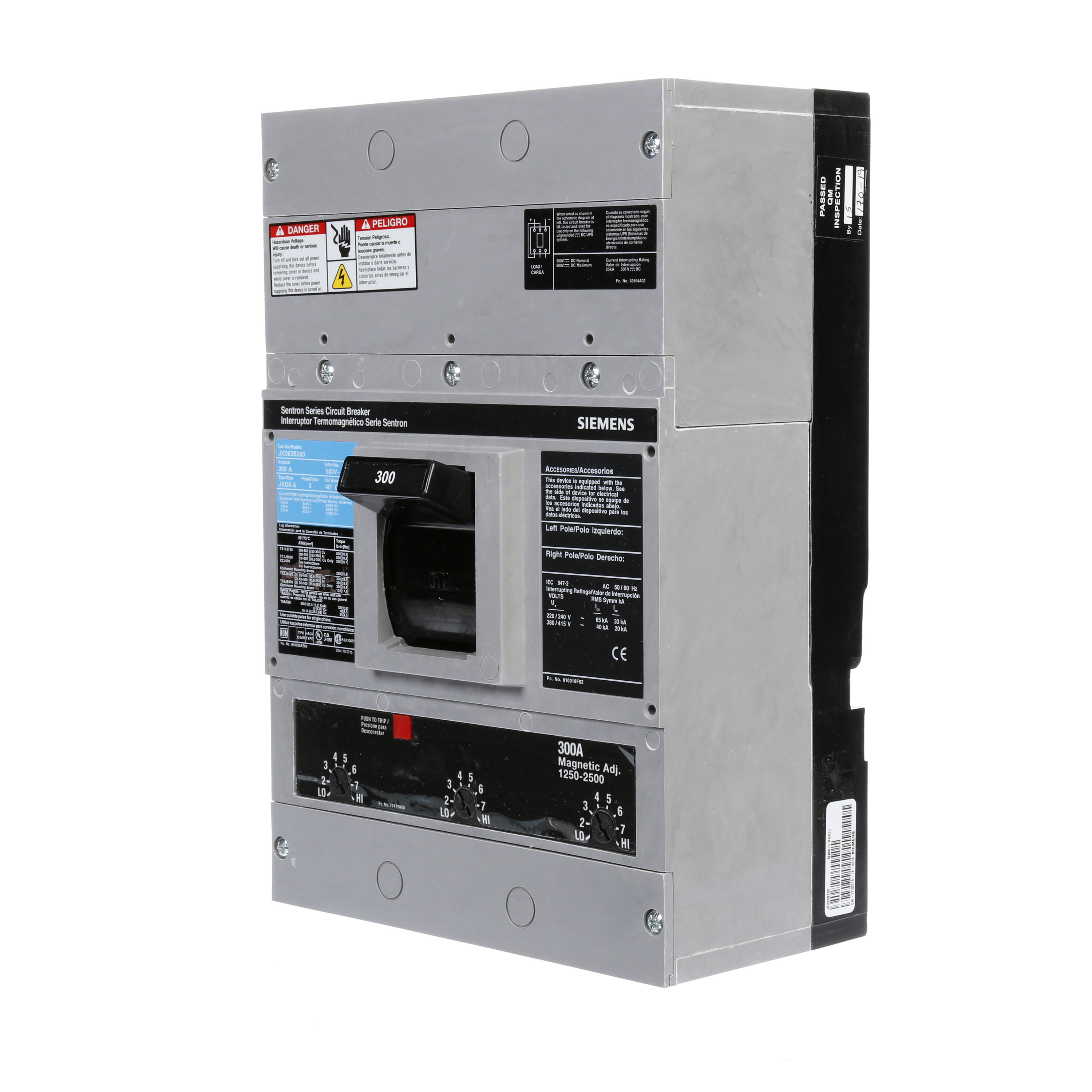 SIEMENS LOW VOLTAGE SENTRON MOLDED CASE CIRCUIT BREAKER WITH THERMAL - MAGNETICTRIP UNIT. ASSEMBLED STANDARD 40 DEG C BREAKER JD FRAME WITH STANDARD BREAKING CAPACITY. 300A 3-POLE (25KAIC AT 600V) (35KAIC AT 480V). NON-INTERCHANGEABLE TRIP UNIT. SPECIAL FEATURES NO LUGS INSTALLED. DIMENSIONS (W x H x D) IN 7.50 x 11.0 x 4.00.
