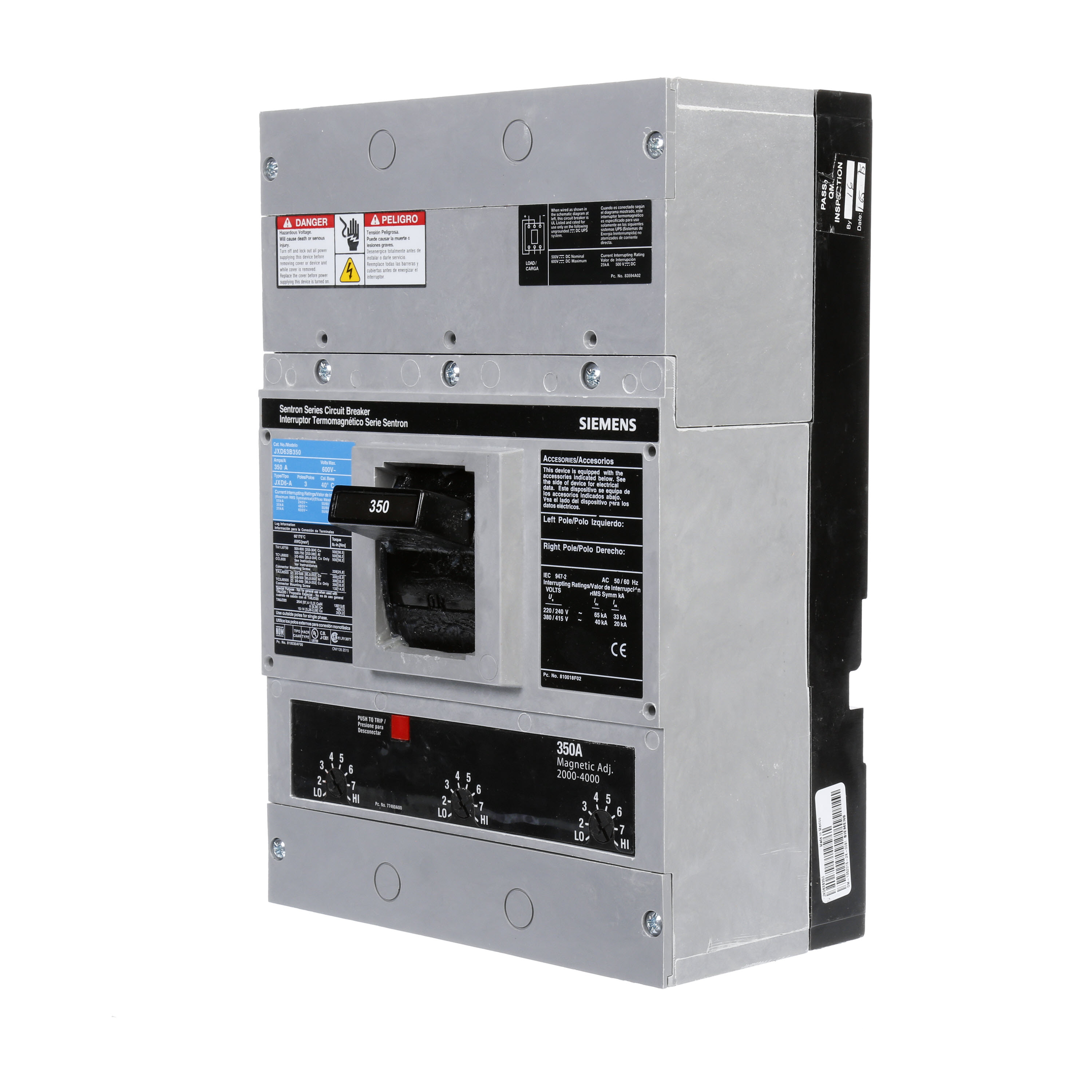 SIEMENS LOW VOLTAGE SENTRON MOLDED CASE CIRCUIT BREAKER WITH THERMAL - MAGNETICTRIP UNIT. ASSEMBLED STANDARD 40 DEG C BREAKER JD FRAME WITH STANDARD BREAKING CAPACITY. 350A 3-POLE (25KAIC AT 600V) (35KAIC AT 480V). NON-INTERCHANGEABLE TRIP UNIT. SPECIAL FEATURES NO LUGS INSTALLED. DIMENSIONS (W x H x D) IN 7.50 x 11.0 x 4.00.