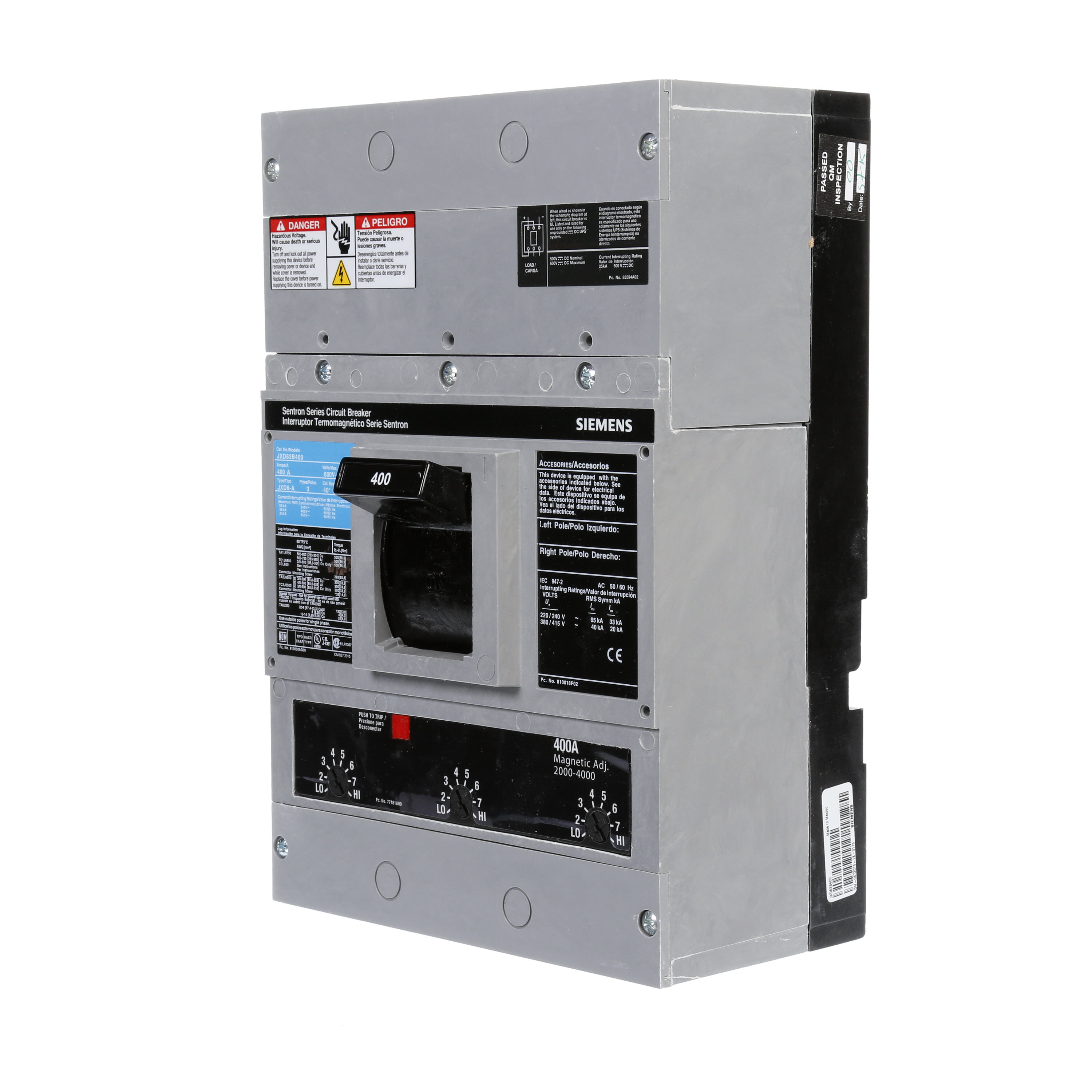 SIEMENS LOW VOLTAGE SENTRON MOLDED CASE CIRCUIT BREAKER WITH THERMAL - MAGNETICTRIP UNIT. ASSEMBLED STANDARD 40 DEG C BREAKER JD FRAME WITH STANDARD BREAKING CAPACITY. 400A 3-POLE (25KAIC AT 600V) (35KAIC AT 480V). NON-INTERCHANGEABLE TRIP UNIT. SPECIAL FEATURES NO LUGS INSTALLED. DIMENSIONS (W x H x D) IN 7.50 x 11.0 x 4.00.