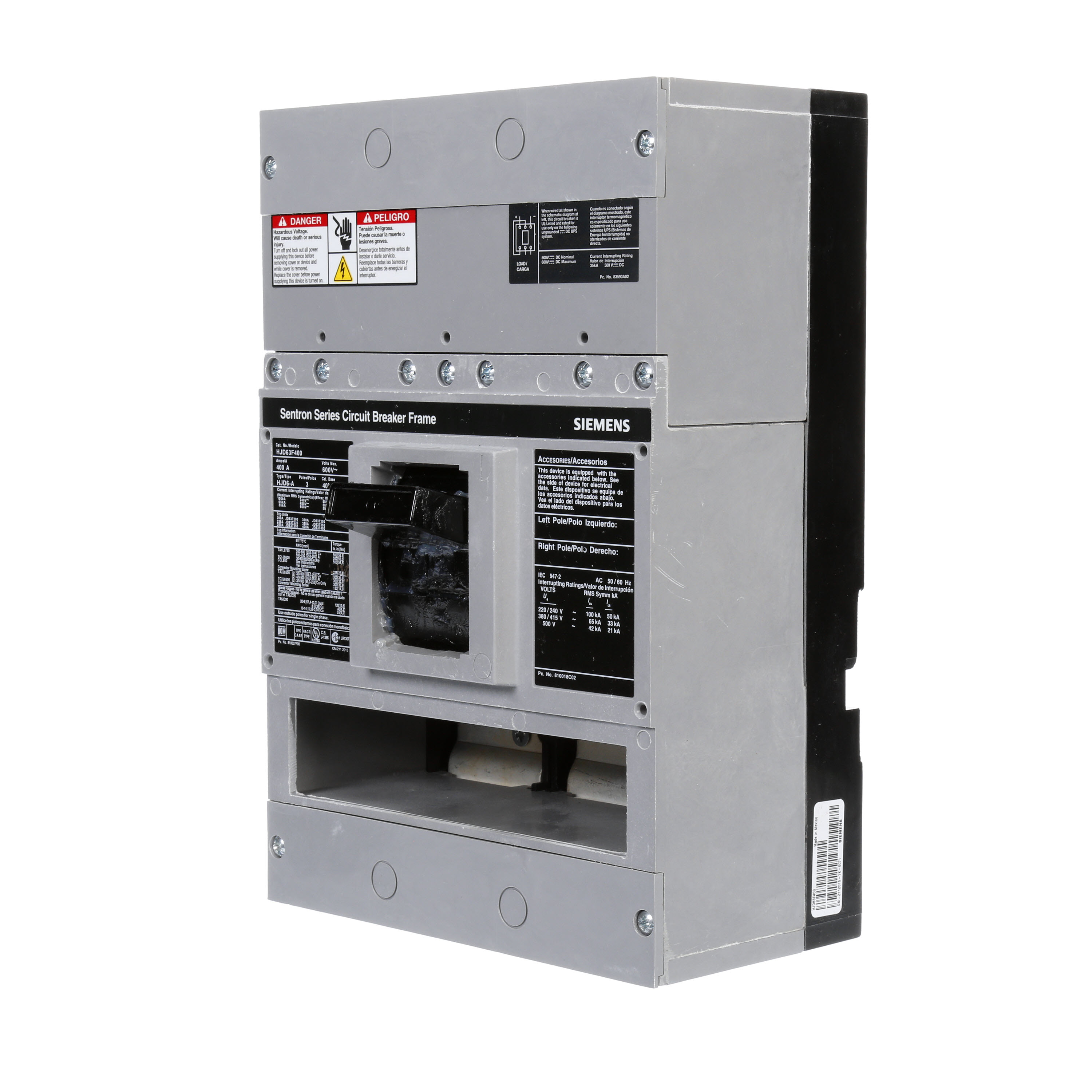 SIEMENS LOW VOLTAGE SENTRON MOLDED CASE CIRCUIT BREAKER. 400A JD FRAME FOR HIGHBREAKING CAPACITY 3-POLE 600V BREAKERS.