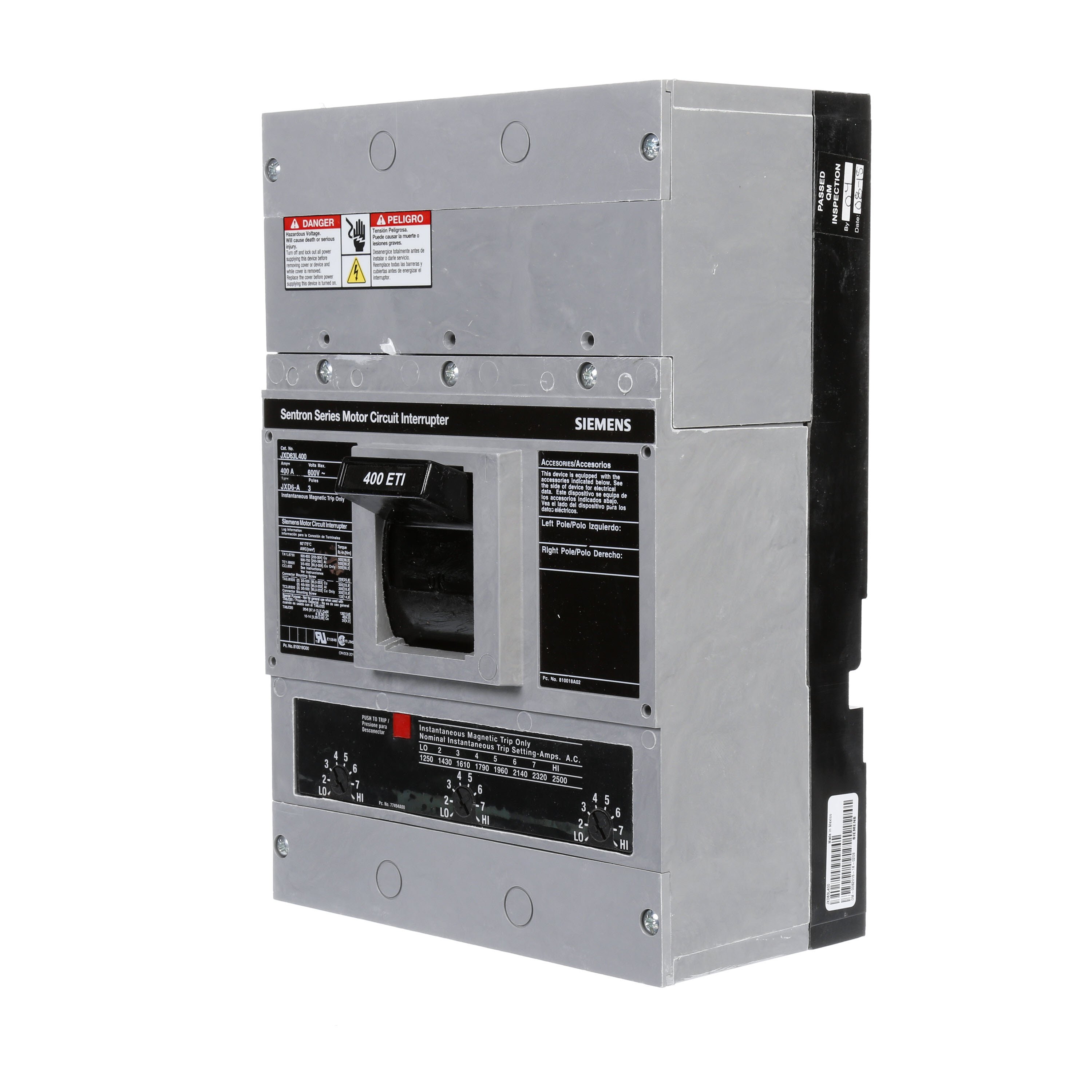 SIEMENS LOW VOLTAGE SENTRON MOLDED CASE CIRCUIT BREAKER WITH MAGNETIC TRIP ONLYUNIT. LOW INSTANTANEOUS RANGE ETI BREAKER JD FRAME W ITHSTANDARD BREAKING CAPACITY AND NON INTERCHANGEABLE TRIP. MEETS UL 489 /IEC 60947-2 STANDARDS. 400A 3-POLE BREAKER (25KAIC AT 600V) (35KAIC AT480V). SPECIAL FEATURES NO LUGS INSTALLED.DIMENSIONS (W x H x D) IN 7.5 x 11 x 4._____________________________________ ___________________________________