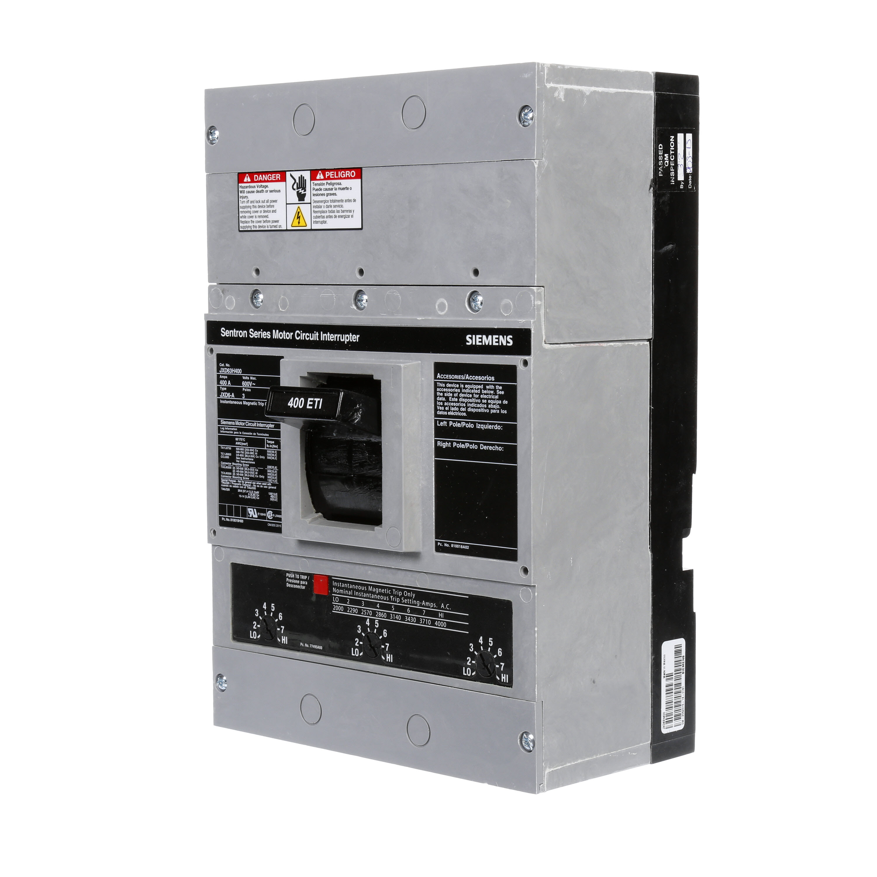SIEMENS LOW VOLTAGE SENTRON MOLDED CASE CIRCUIT BREAKER WITH MAGNETIC TRIP ONLYUNIT. HIGH INSTANTANEOUS RANGE ETI BREAKER JD FRAME WITHSTANDARD BREAKING CAPACITY AND NON INTERCHANGEABLE TRIP. MEETS UL 489 /IEC 60947-2 STANDARDS. 400A 3-POLE BREAKER (25KAIC AT 600V) (35KAIC AT480V). SPECIAL FEATURES NO LUGS INSTALLED.DIMENSIONS (W x H x D) IN 7.5 x 11 x 4.___________________________________ _____________________________________
