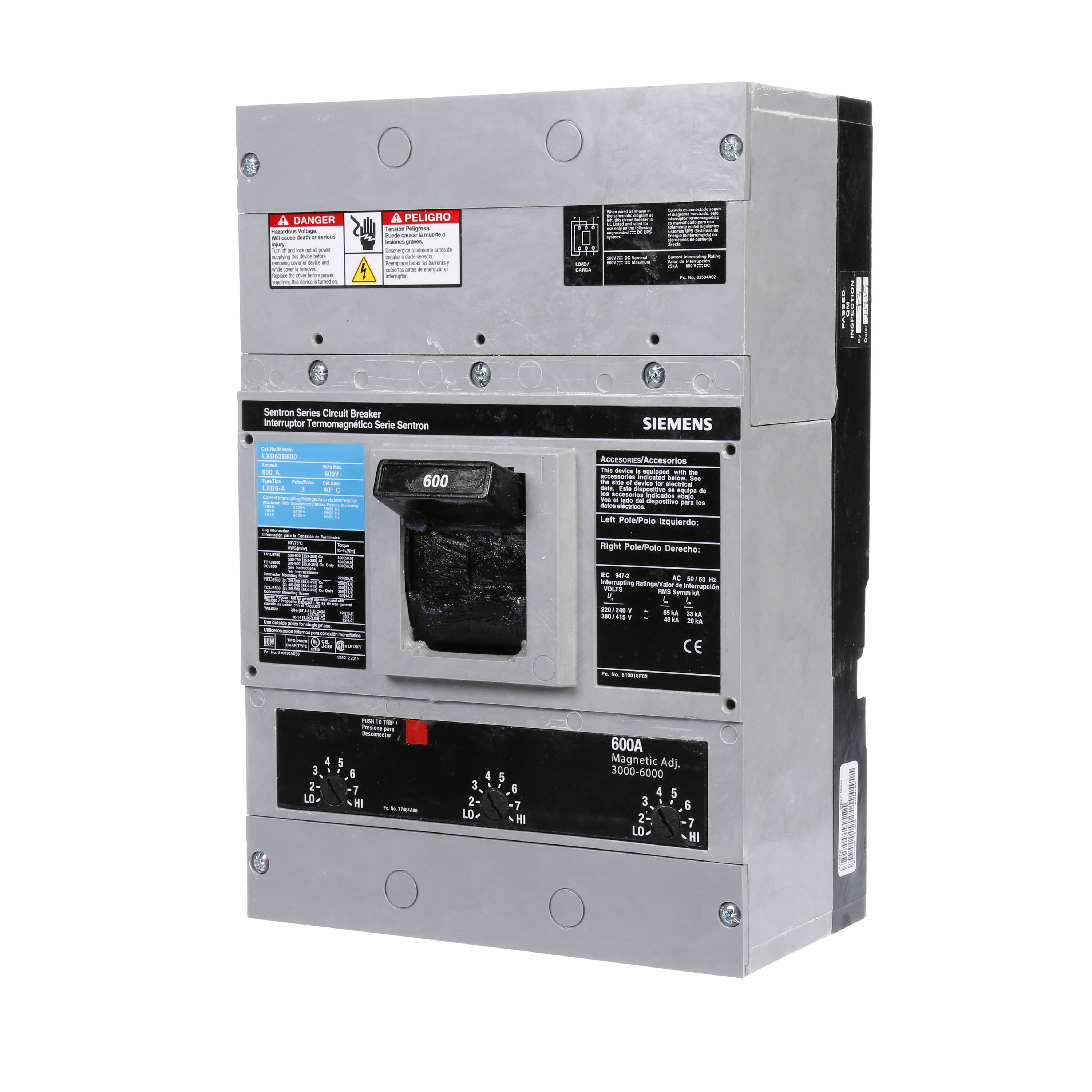 SIEMENS LOW VOLTAGE SENTRON MOLDED CASE CIRCUIT BREAKER WITH THERMAL - MAGNETICTRIP UNIT. ASSEMBLED STANDARD 40 DEG C BREAKER LD FRAME WITH STANDARD BREAKING CAPACITY. 600A 3-POLE (25KAIC AT 600V) (35KAIC AT 480V). NON-INTERCHANGEABLE TRIP UNIT. SPECIAL FEATURES VALUE PACK, NO LUGS INSTALLED. DIMENSIONS (W x H x D) IN 7.50 x 11.0 x 4.00.