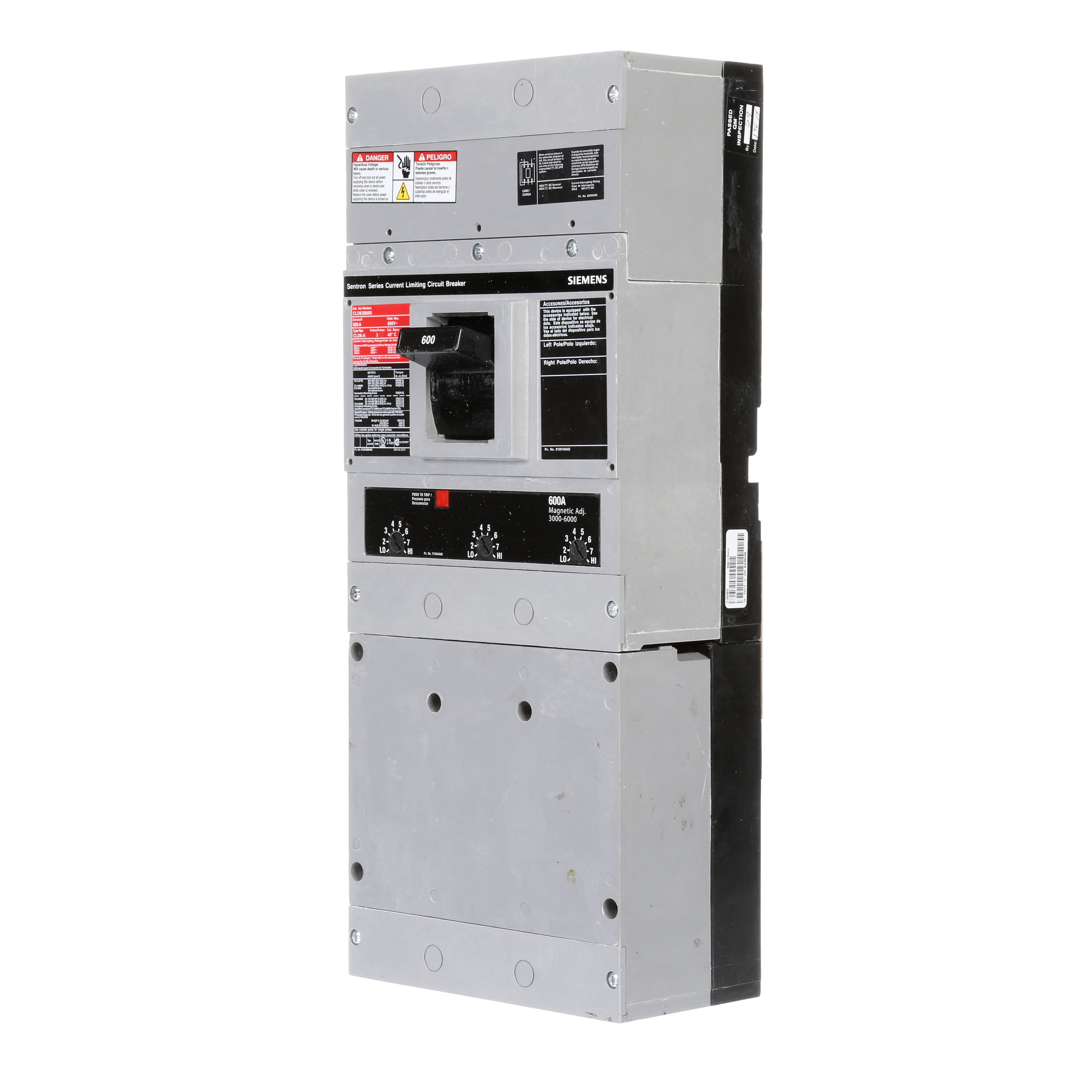 SIEMENS LOW VOLTAGE SENTRON MOLDED CASE CIRCUIT BREAKER WITH THERMAL - MAGNETICTRIP UNIT. ASSEMBLED STANDARD 40 DEG C BREAKER LD FRAME WITH FUSELESS CURRENT LIMITING BREAKING CAPACITY. 600A 3-POLE (100KAIC AT 600V) (150KAIC AT 480V). NON-INTERCHANGEABLE TRIP UNIT. SPECIAL FEATURES NO LUGS INSTALLED. DIMENSIONS (W x Hx D) IN 7.50 x 17.9 x 4.00.