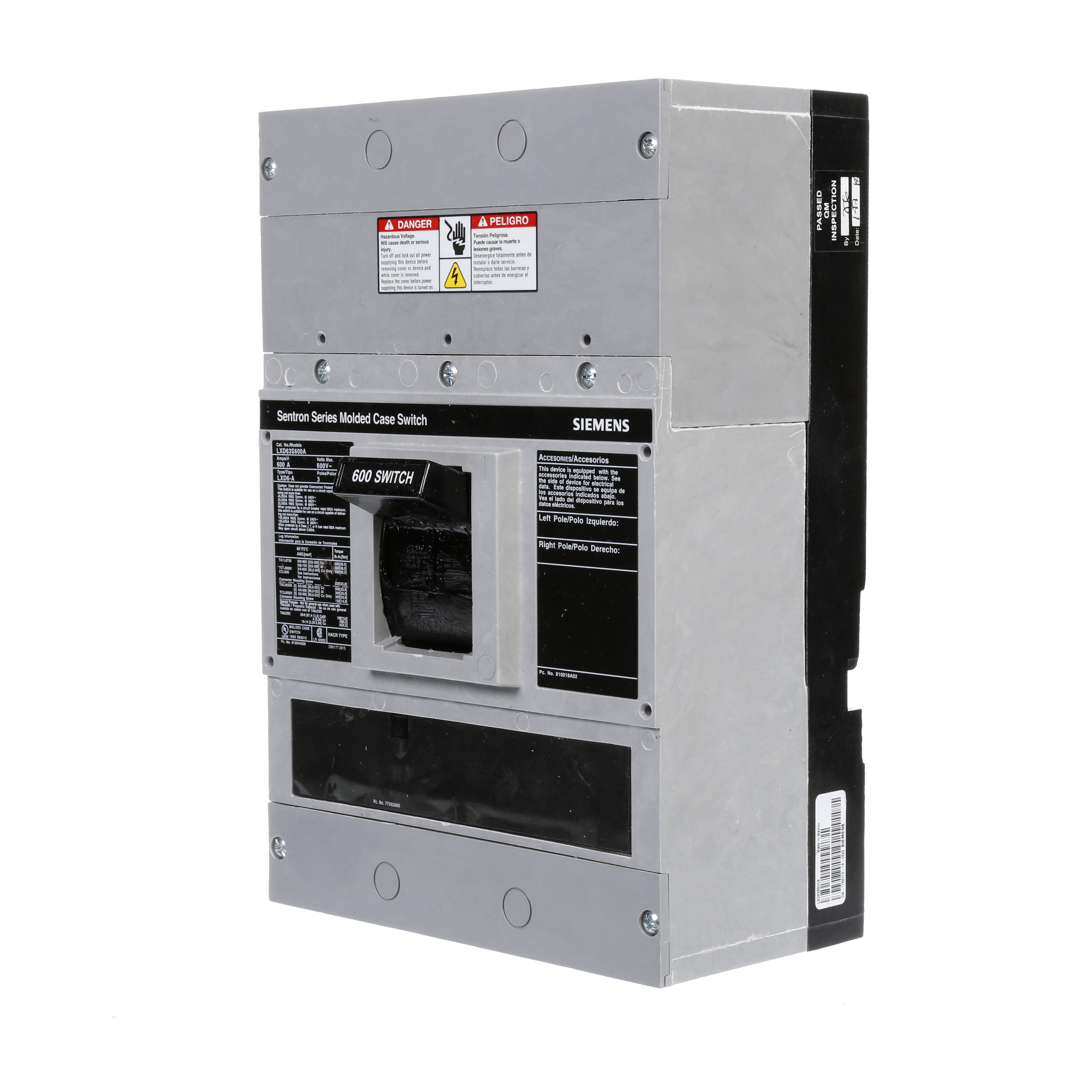 SIEMENS LOW VOLTAGE SENTRON MOLDED CASE CIRCUIT BREAKER WITH MAGNETIC ONLY TRIPUNIT. ASSEMBLED MOLDED CASE SWITCH (BREAKER) LD FRAME WITH STANDARD BREAKING CAPACITY. 600A 3-POLE 600V 6000A SELF-PROTECTIVE INSTANTANEOUS OVERRIDE. NON-INTERCHANGEABLE TRIP UNIT. SPECIAL FEATURES NO LUGS INSTALLED. DIMENSIONS (W x H x D)IN 7.50 x 11.0 x 4.00.