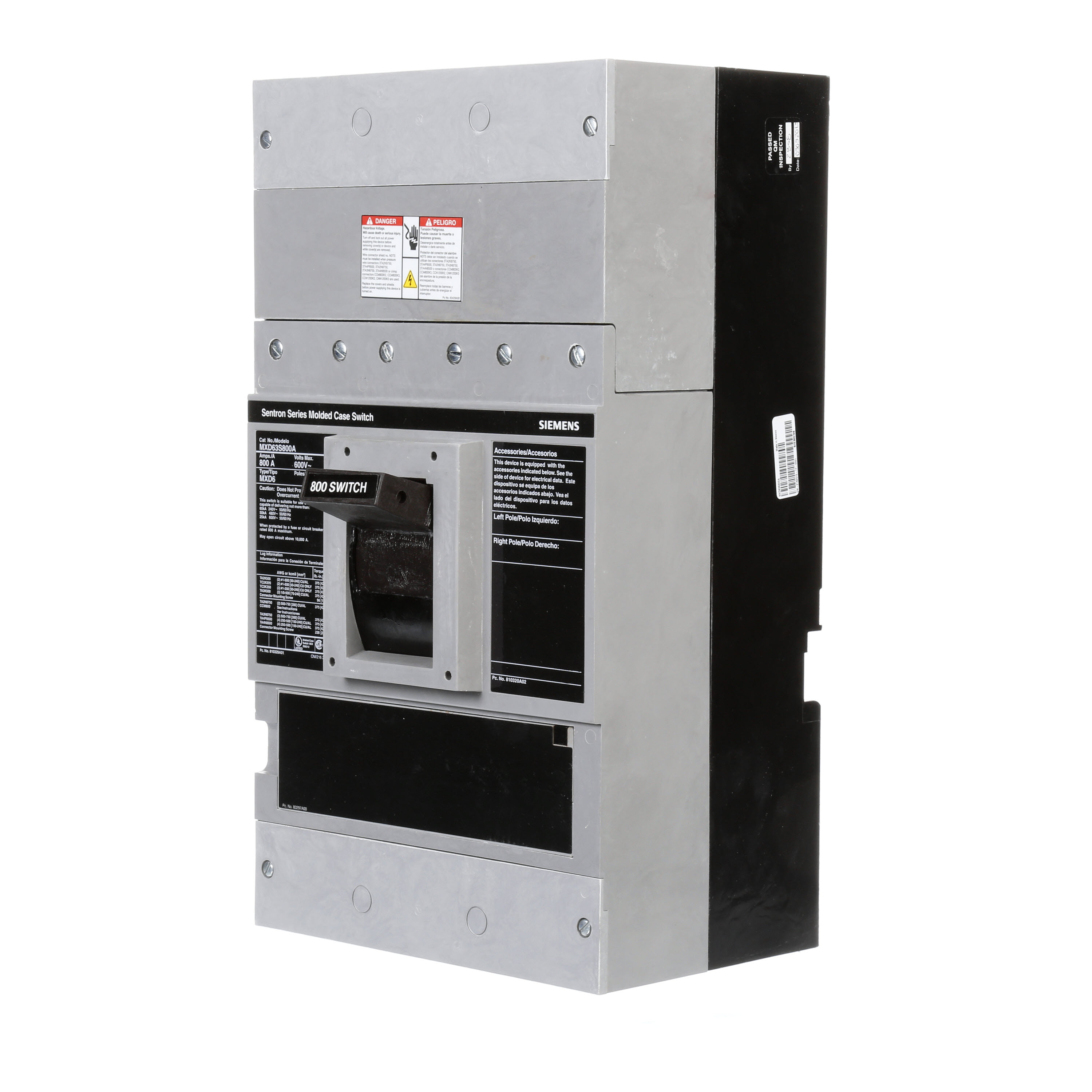 SIEMENS LOW VOLTAGE SENTRON MOLDED CASE CIRCUIT BREAKER WITH MAGNETIC ONLY TRIPUNIT. ASSEMBLED MOLDED CASE SWITCH (BREAKER) MD FRAME WITH STANDARD BREAKING CAPACITY. 800A 3-POLE 600V 8000A SELF-PROTECTIVE INSTANTANEOUS OVERRIDE. NON-INTERCHANGEABLE TRIP UNIT. SPECIAL FEATURES NO LUGS INSTALLED. DIMENSIONS (W x H x D)IN 9.00 x 16.0 x 6.00.