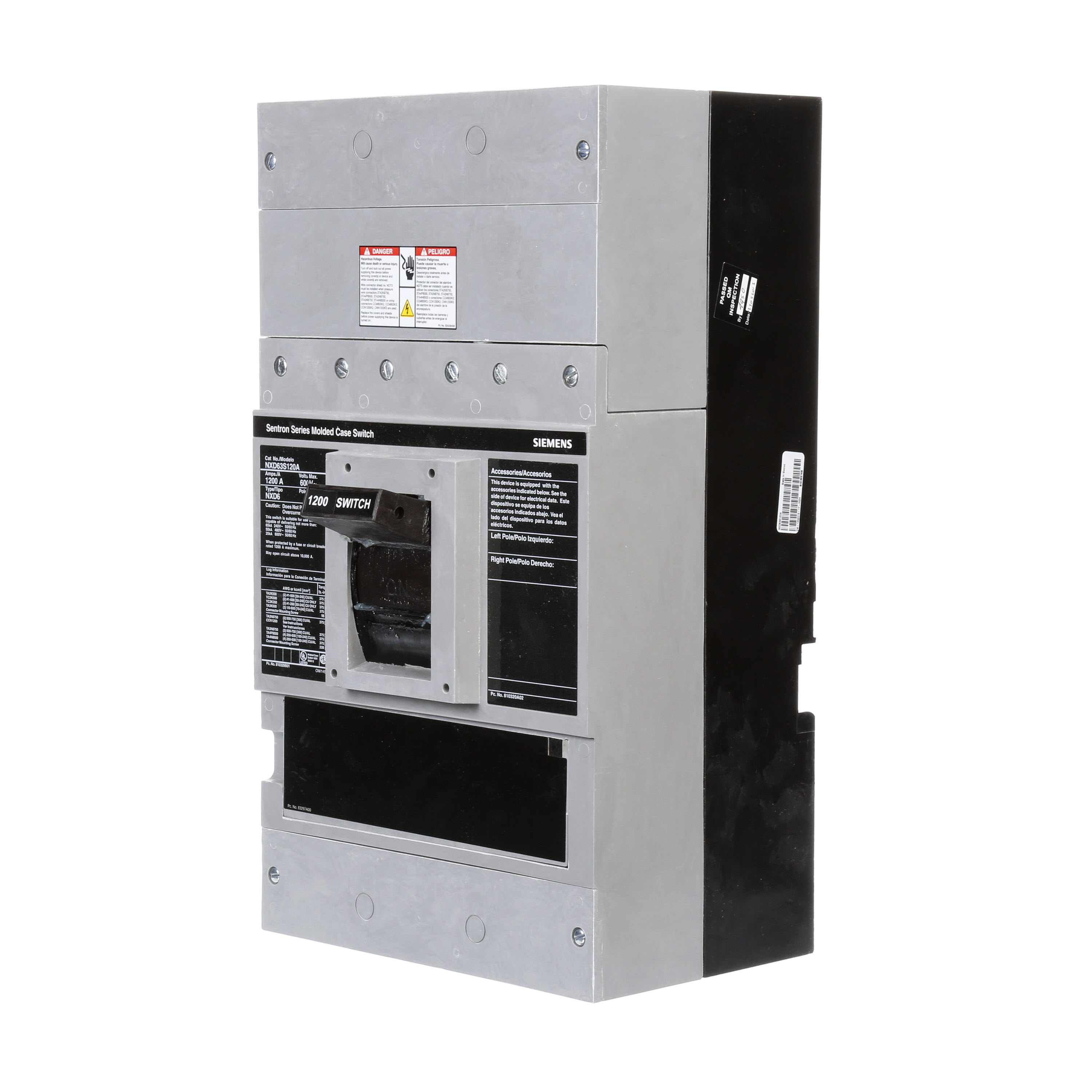 SIEMENS LOW VOLTAGE SENTRON MOLDED CASE CIRCUIT BREAKER WITH MAGNETIC ONLY TRIPUNIT. ASSEMBLED MOLDED CASE SWITCH (BREAKER) ND FRAME WITH STANDARD BREAKING CAPACITY. 1200A 3-POLE 600V 1000A SELF-PROTECTIVE INSTANTANEOUS OVERRIDE. NON-INTERCHANGEABLE TRIP UNIT. SPECIAL FEATURES NO LUGS INSTALLED. DIMENSIONS (W x H x D) IN 9.00 x 16.0 x 6.00.