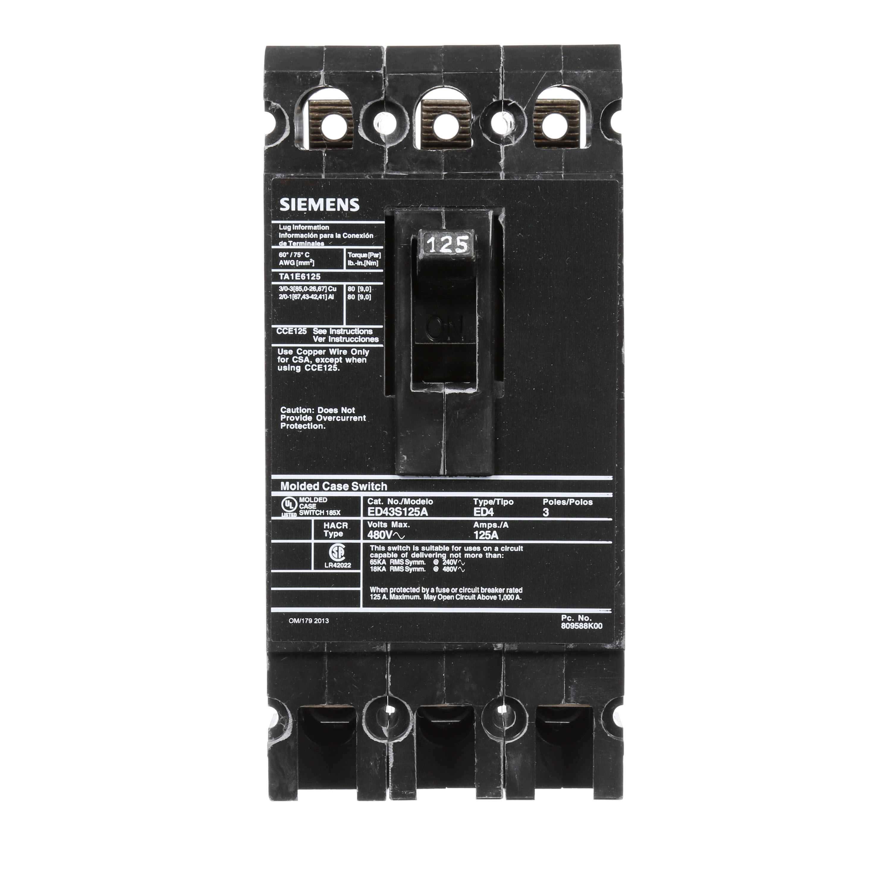 SIEMENS LOW VOLTAGE SENTRON MOLDED CASE CIRCUIT BREAKER WITH MAGNETIC ONLY TRIPUNIT. MOLDED CASE SWITCH (BREAKER) ED FRAME WITH STANDARD BREAKING CAPACITY. 125A 3-POLE 480V 1000A SELF-PROTECTIVE INSTANTANEOUS OVERRIDE. NON-INTERCHANGEABLETRIP UNIT. SPECIAL FEATURES LOAD LUGS ONLY (TA1E6125) WIRE RANGE 3 - 3/0AWG (CU) / 1 - 2/0AWG (AL). DIMENSIONS (W x H x D) IN 3.00 x 6.4 x 3.92.