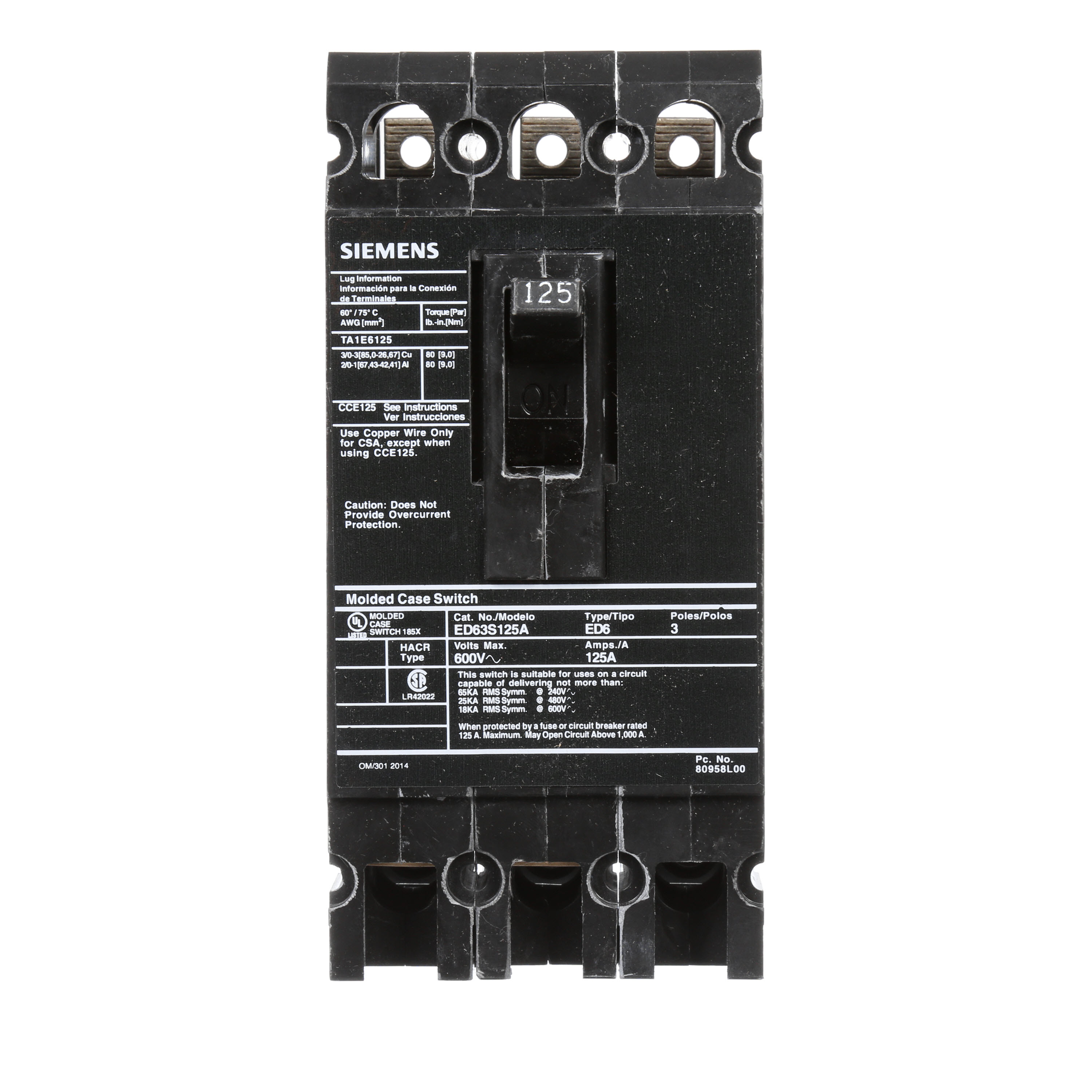 SIEMENS LOW VOLTAGE SENTRON MOLDED CASE CIRCUIT BREAKER WITH MAGNETIC ONLY TRIPUNIT. MOLDED CASE SWITCH (BREAKER) ED FRAME WITH STANDARD BREAKING CAPACITY. 125A 3-POLE 600V 1000A SELF-PROTECTIVE INSTANTANEOUS OVERRIDE. NON-INTERCHANGEABLETRIP UNIT. SPECIAL FEATURES LOAD LUGS ONLY (TA1E6125) WIRE RANGE 3 - 3/0AWG (CU) / 1 - 2/0AWG (AL). DIMENSIONS (W x H x D) IN 3.00 x 6.4 x 3.92.