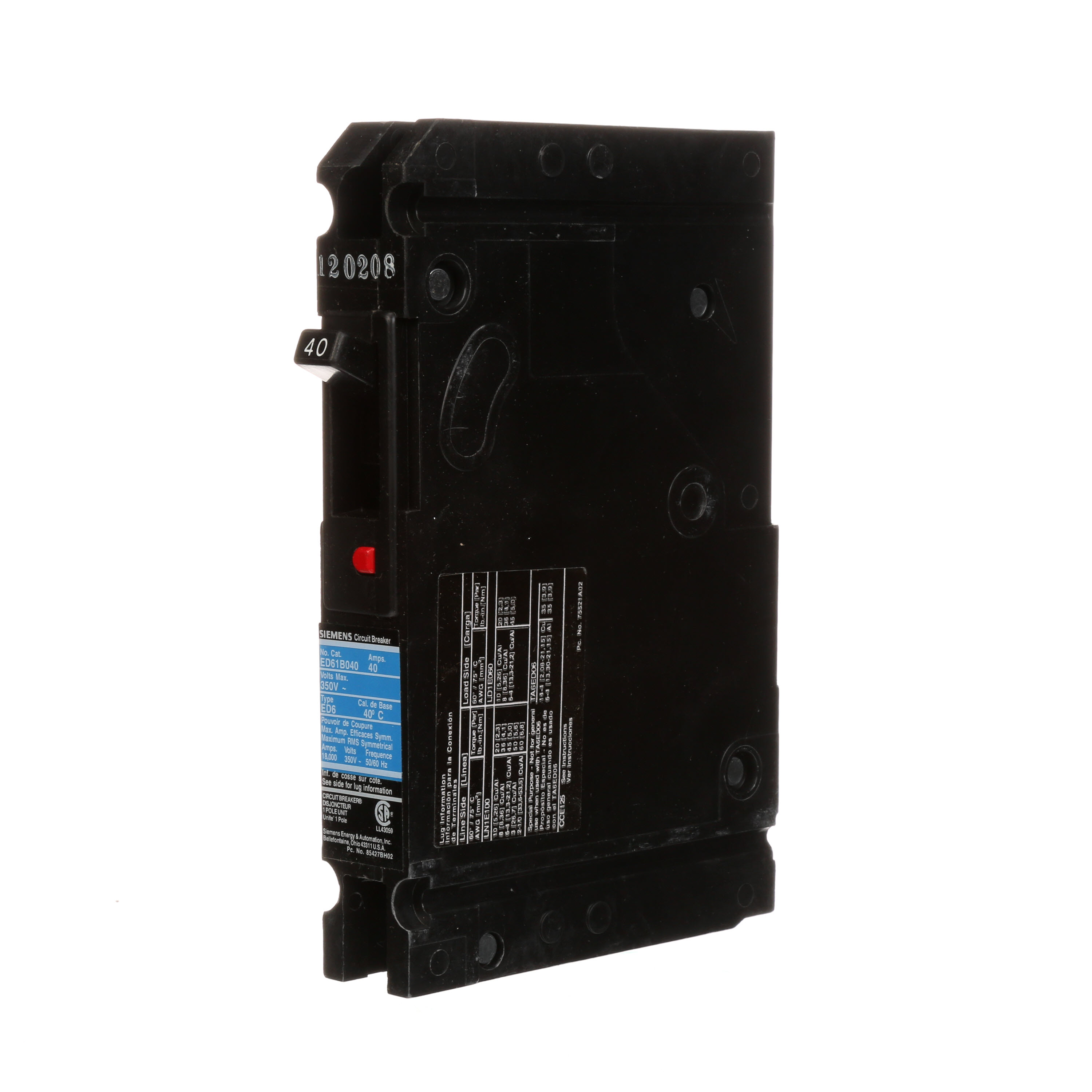 SIEMENS LOW VOLTAGE SENTRON MOLDED CASE CIRCUIT BREAKER WITH THERMAL - MAGNETICTRIP UNIT. STANDARD 40 DEG C BREAKER ED FRAME WITH STANDARD BREAKING CAPACITY. 40A 1-POLE (30KAIC AT 347V). NON-INTERCHANGEABLE TRIP UNIT. SPECIAL FEATURES LOAD LUGS ONLY (LD1E060) WIRE RANGE 10 - 4AWG (CU/AL). DIMENSIONS (W x H x D) IN 1.00 x 6.4 x 3.92.