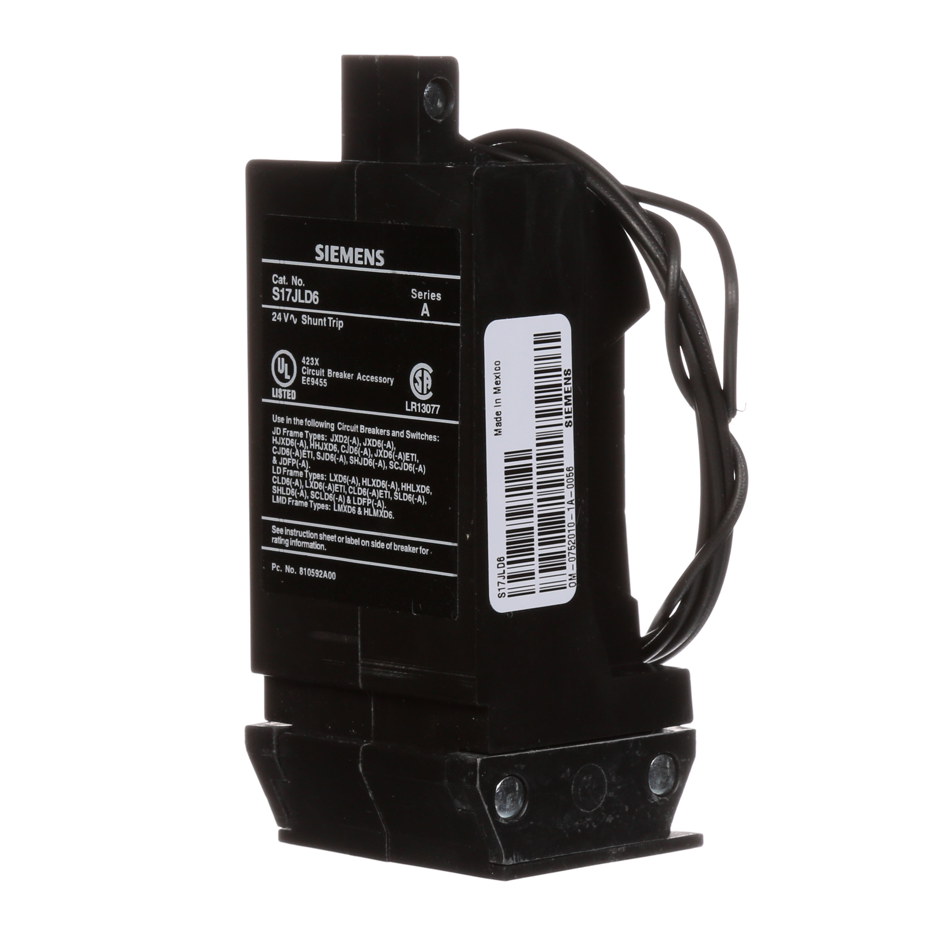 SIEMENS LOW VOLTAGE SENTRON MOLDED CASE CIRCUIT BREAKER INTERNAL ACCESSORY. 24 VAC SHUNT TRIP. SUITS JD / LD / LMD FRAME BREAKERS.