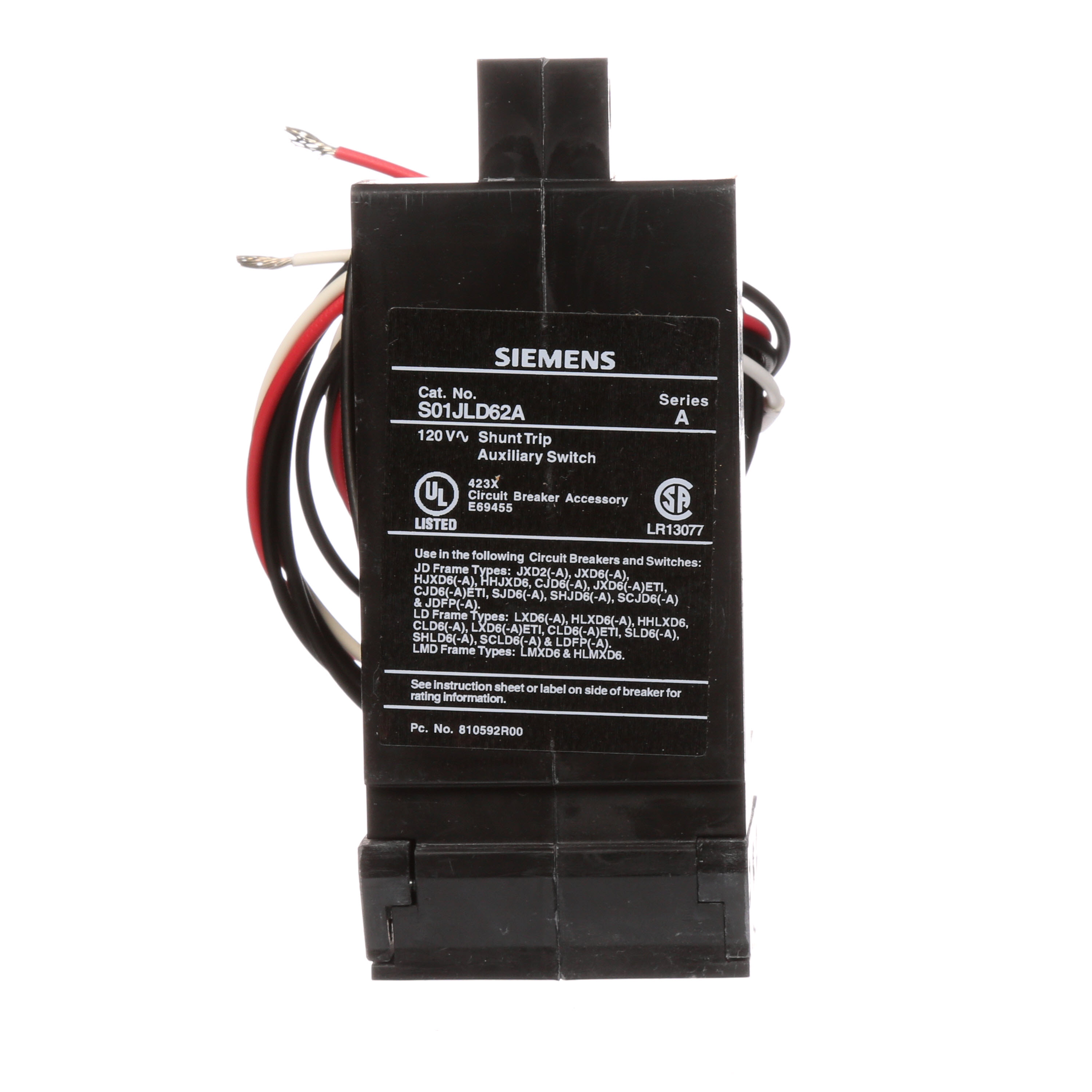 SIEMENS LOW VOLTAGE SENTRON MOLDED CASE CIRCUIT BREAKER INTERNAL ACCESSORY. 120VAC SHUNT TRIP COMBINATION WITH FORM C 240 VAC AUXILIARY SWITCH (1NO / 1NC). SUITS JD / LD / LMD FRAME BREAKERS.