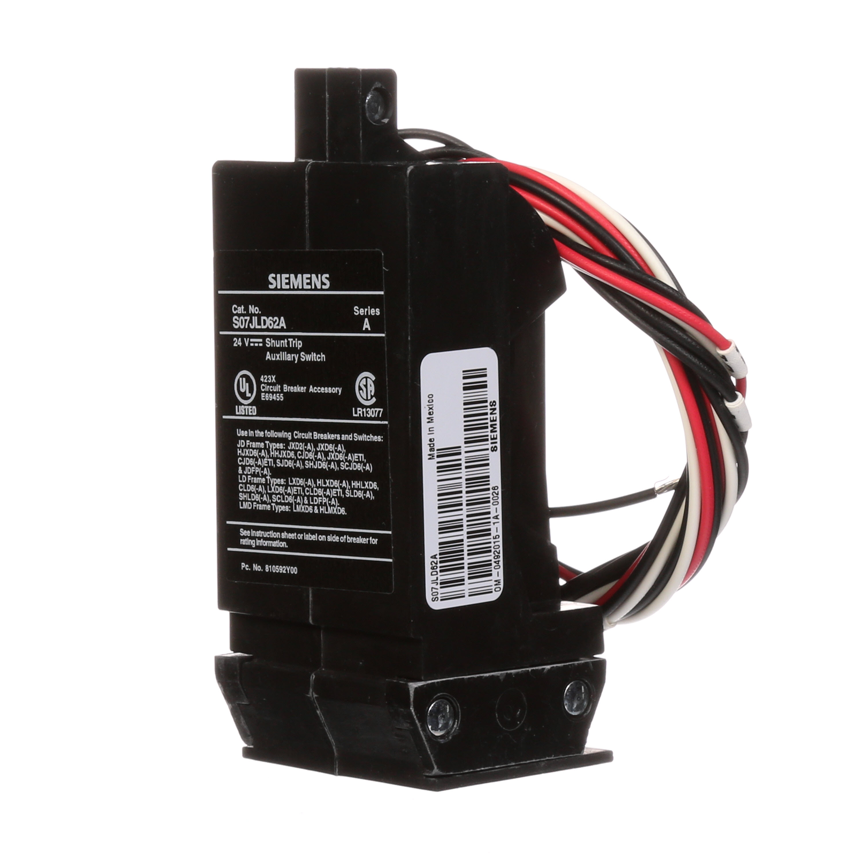 SIEMENS LOW VOLTAGE SENTRON MOLDED CASE CIRCUIT BREAKER INTERNAL ACCESSORY. 24 VDC SHUNT TRIP COMBINATION WITH FORM C 240 VAC AUXILIARY SWITCH (1NO / 1NC). SUITS JD / LD / LMD FRAME BREAKERS.