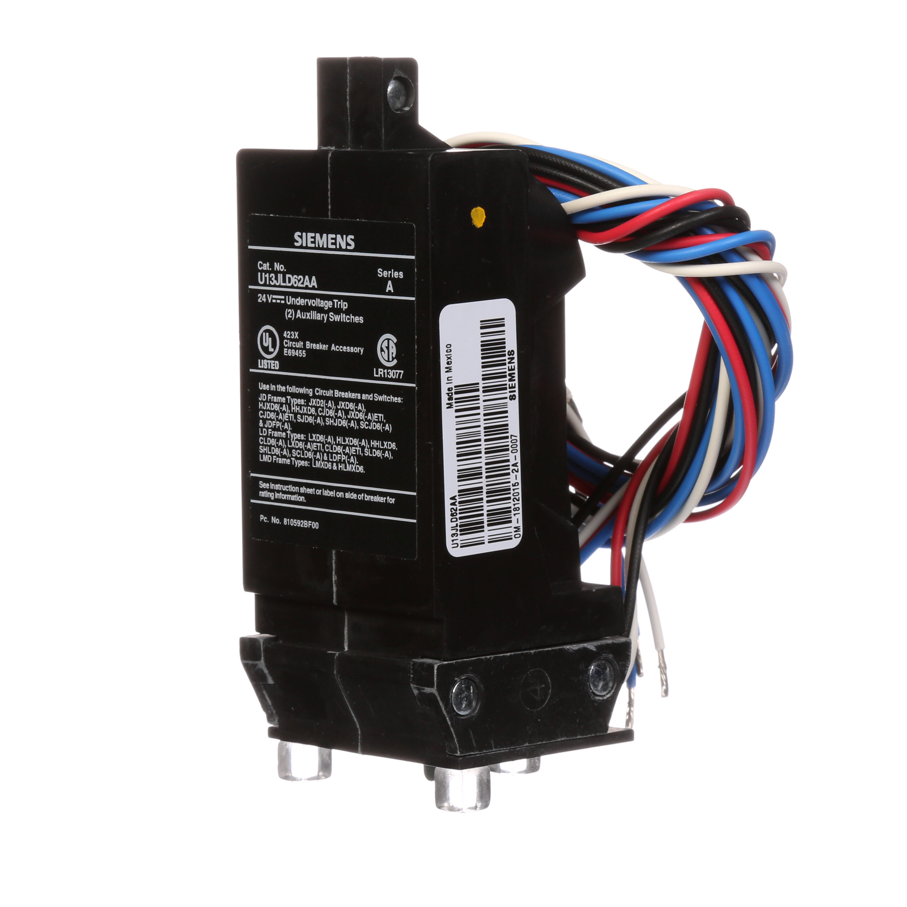 SIEMENS LOW VOLTAGE SENTRON MOLDED CASE CIRCUIT BREAKER INTERNAL ACCESSORY. 24 VDC UNDERVOLTAGE REALEASE COMBINATION WITH TWO FORM C 240 VAC AUXILIARY SWITCH (1NO / 1NC). SUITS JD / LD / LMD FRAME BREAKERS.