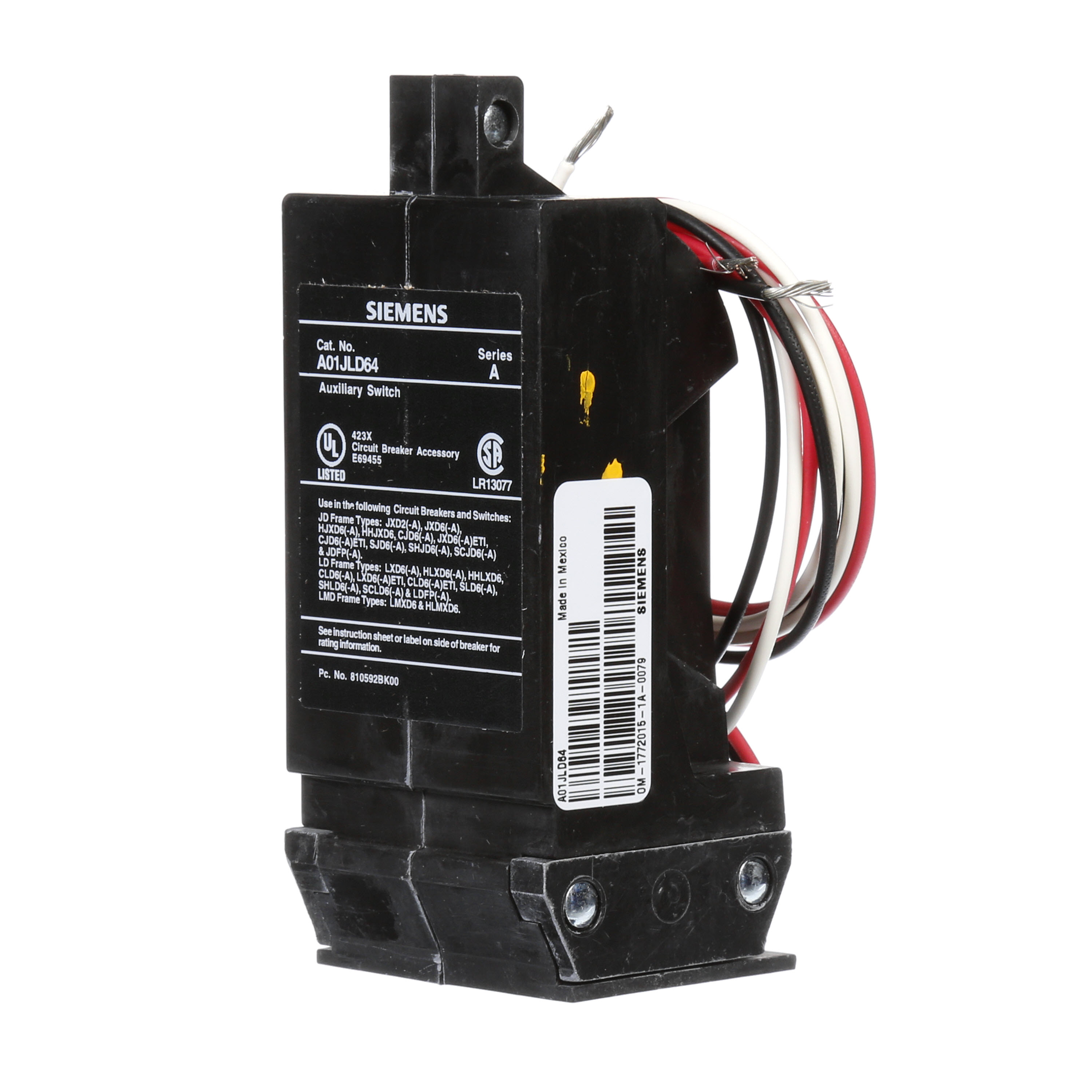 SIEMENS LOW VOLTAGE SENTRON MOLDED CASE CIRCUIT BREAKER INTERNAL ACCESSORY. FORM C 480 VAC AUXILIARY SWITCH (1NO / 1NC). SUITS JD / LD / LMD FRAME BREAKERS.