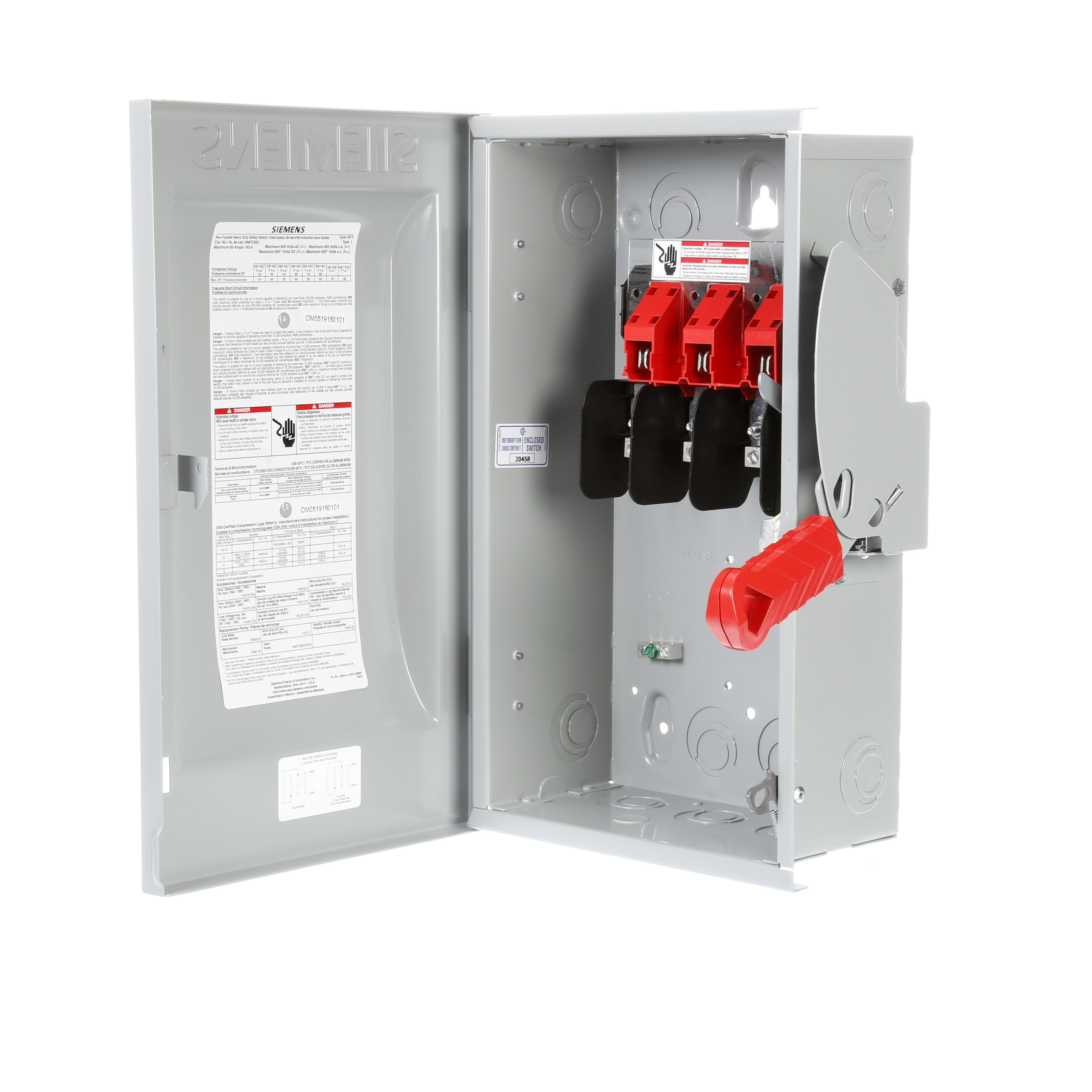 Siemens Low Voltage Circuit Protection Heavy Duty Safety Switches. CSA 60A 3P 600V 3W NON FUSED HD TYPE 1