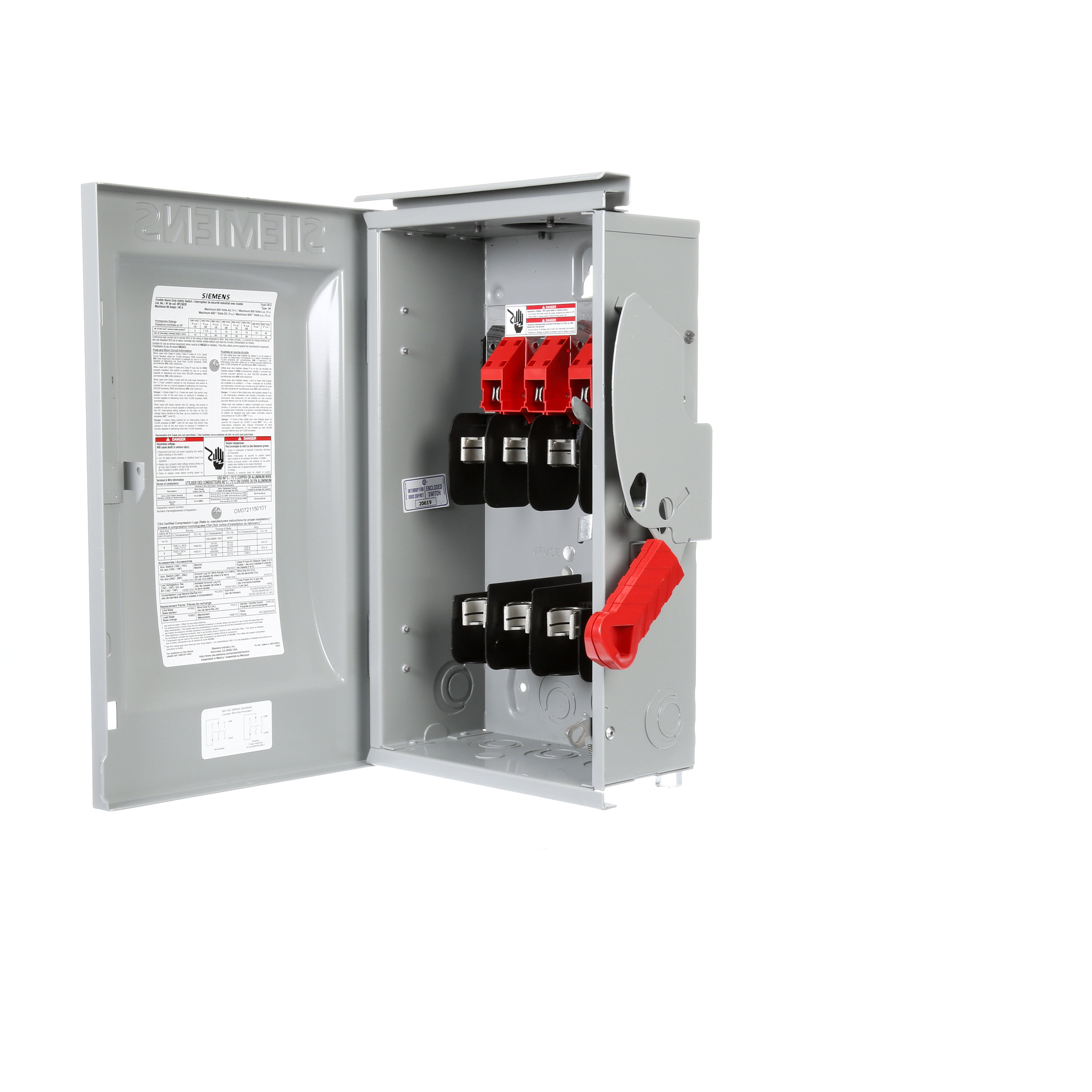 Siemens Low Voltage Circuit Protection Heavy Duty Safety Switches. Type ENCLOSED, SAFETY SWITCH Std CSA V. Rating 600V A. Rating 60A Wattage 3W No. Of Poles 3PF. Rating 60Hz Action SINGLE THROW Material 304SS Enclosure TYPE 3R. 2-3 point mounting holes. O. Cycles 10000 O. Temperature (-20F-120F) AMBIENT TEMPERATURE Environmental Conditions OUTDOOR