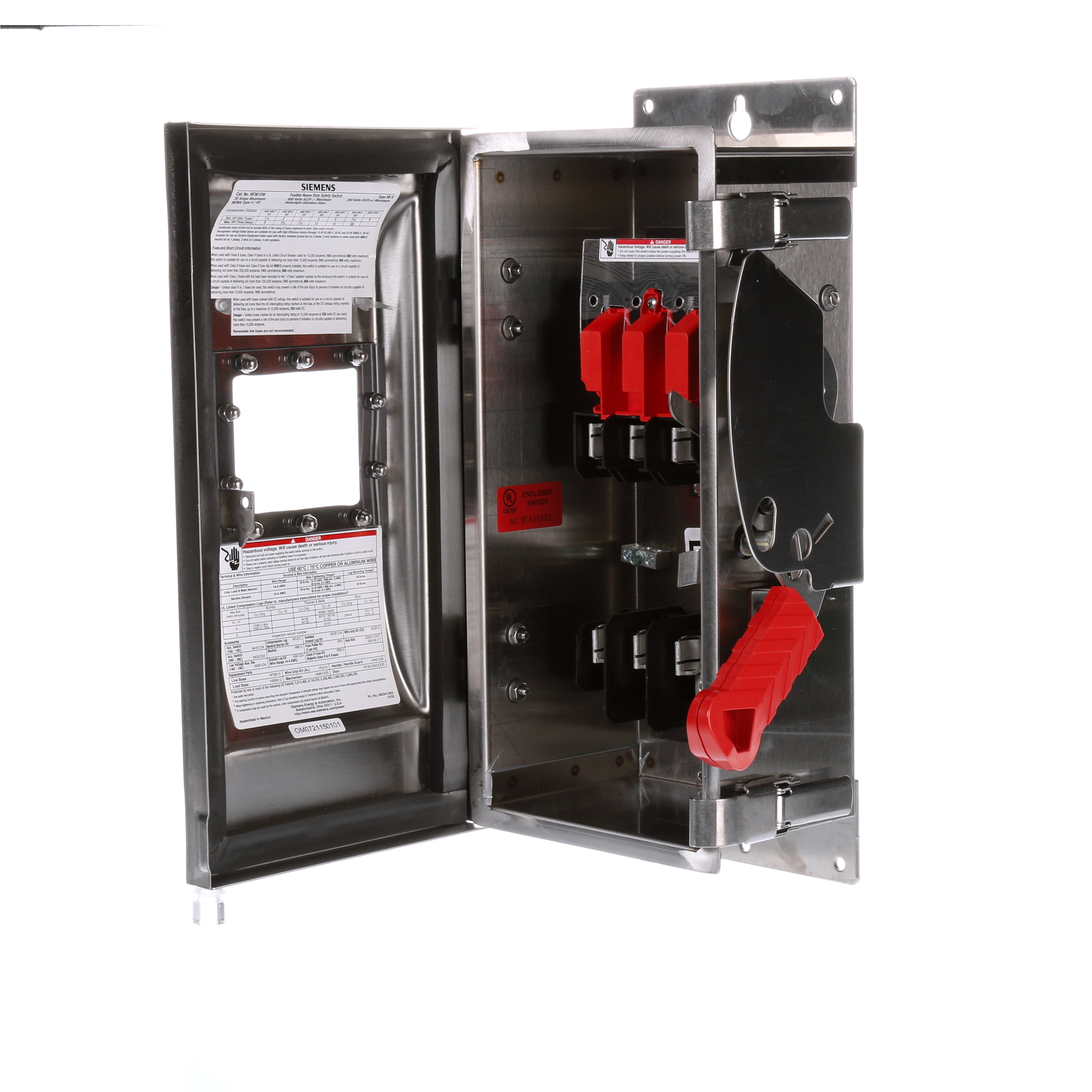 Siemens Low Voltage Circuit Protection Heavy Duty Safety Switch. 3-Pole 3-Fuse Fused in a type 4/4X 304 grade Stainless Steel enclosure. Rated 600VAC (30A). Special features viewing window.