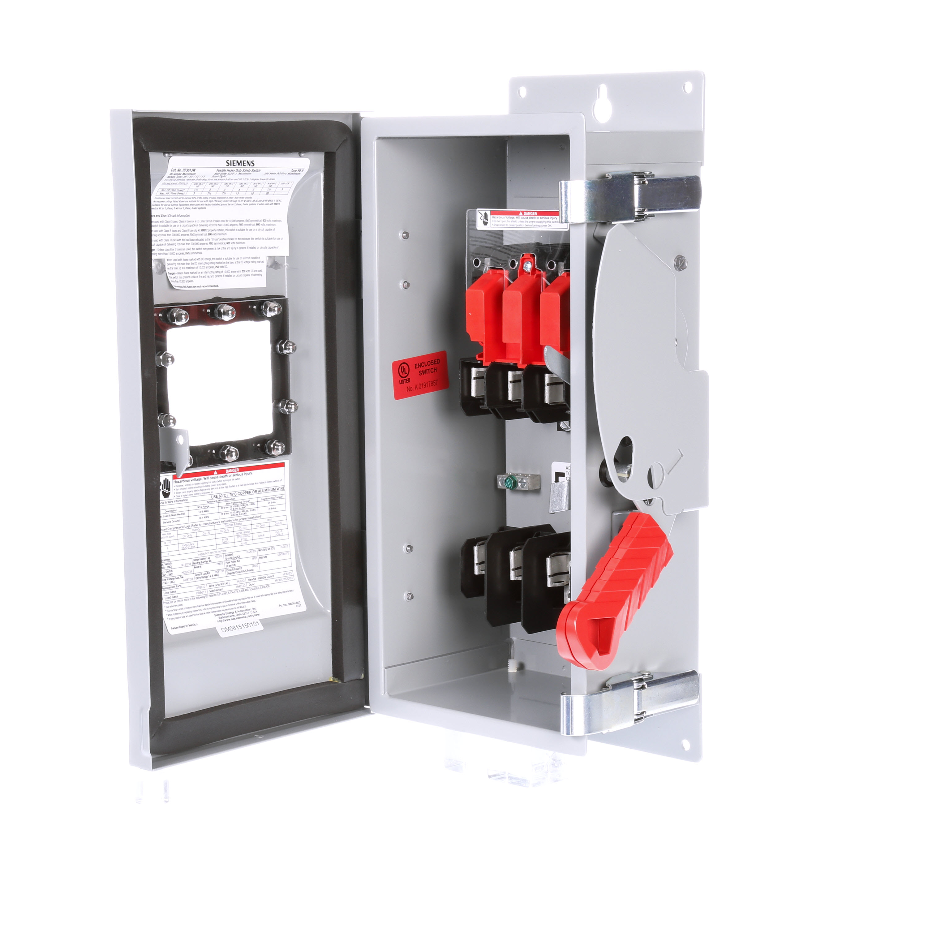 Siemens Low Voltage Circuit Protection Heavy Duty Safety Switch. 3-Pole 3-Fuse Fused in a type 12 industrial enclosure. Rated 600VAC (30A). Special features viewing window.