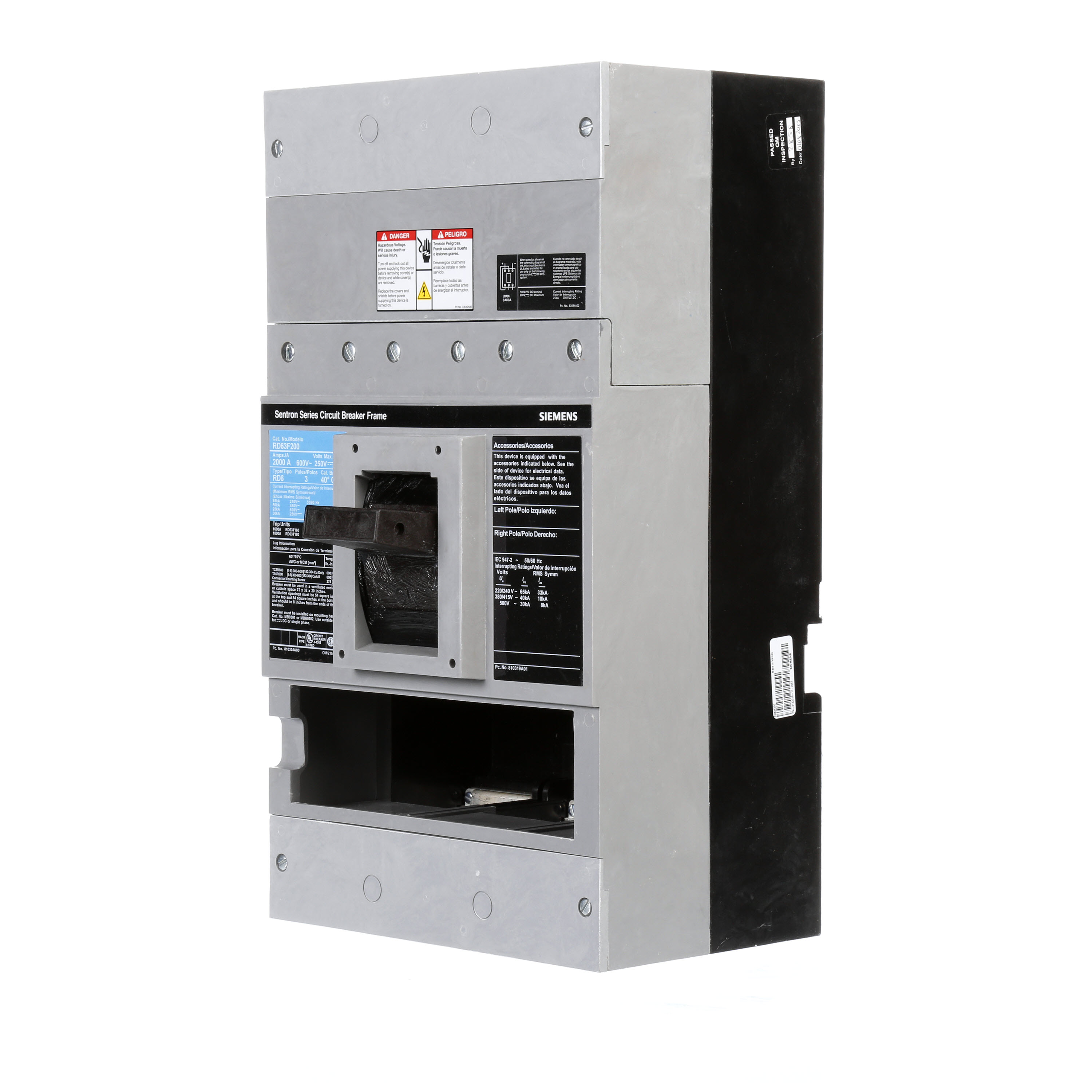 SIEMENS LOW VOLTAGE SENTRON MOLDED CASE CIRCUIT BREAKER. 2000A RD FRAME FOR STANDARD BREAKING CAPACITY 3-POLE 600V BREAKERS.