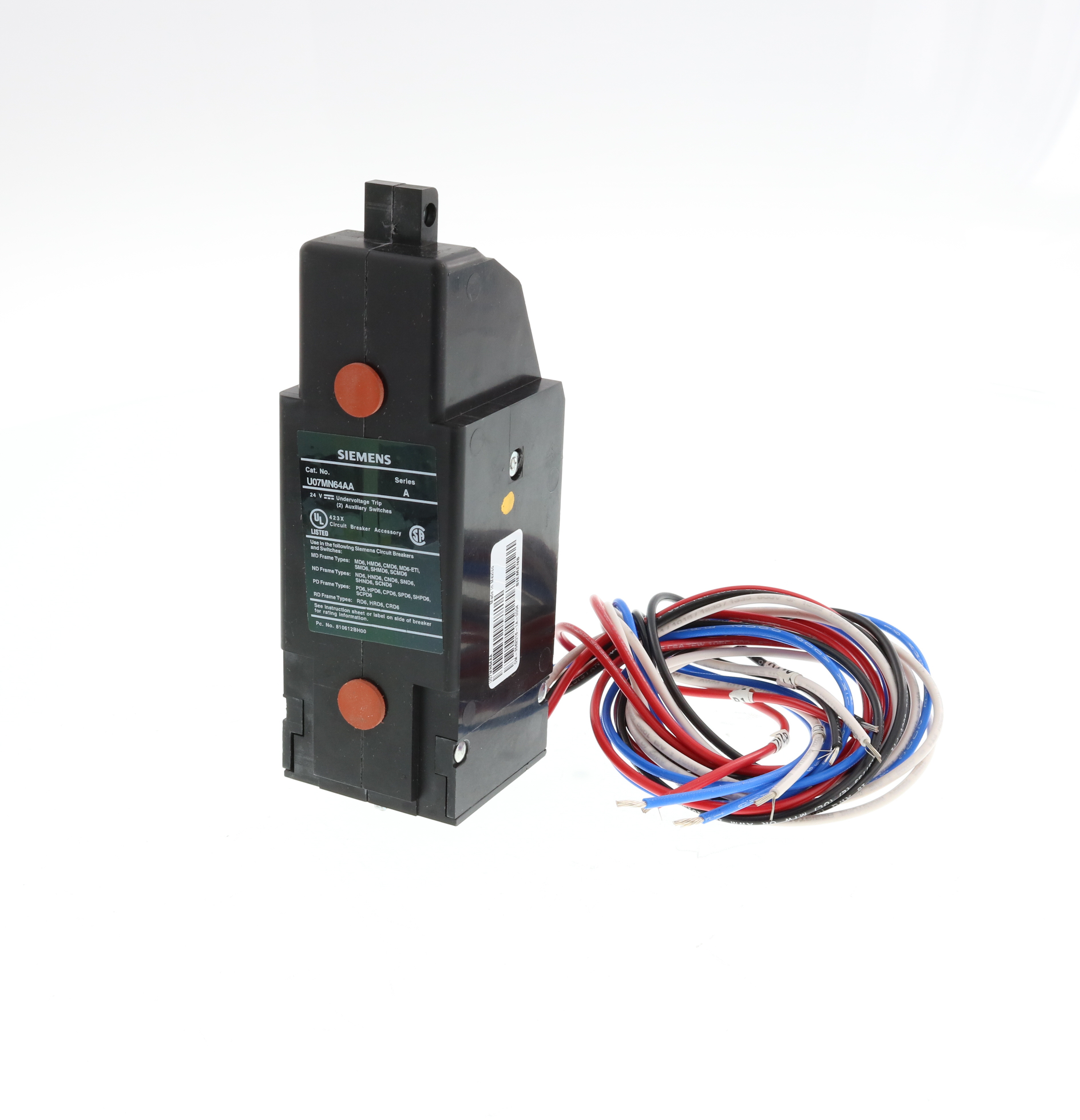 SIEMENS LOW VOLTAGE SENTRON MOLDED CASE CIRCUIT BREAKER INTERNAL ACCESSORY. 24 VDC UNDERVOLTAGE REALEASE COMBINATION WITH TWO FORM C 480 VAC AUXILIARY SWITCH (1NO / 1NC). SUITS MD / ND / PD / RD FRAME BREAKERS.