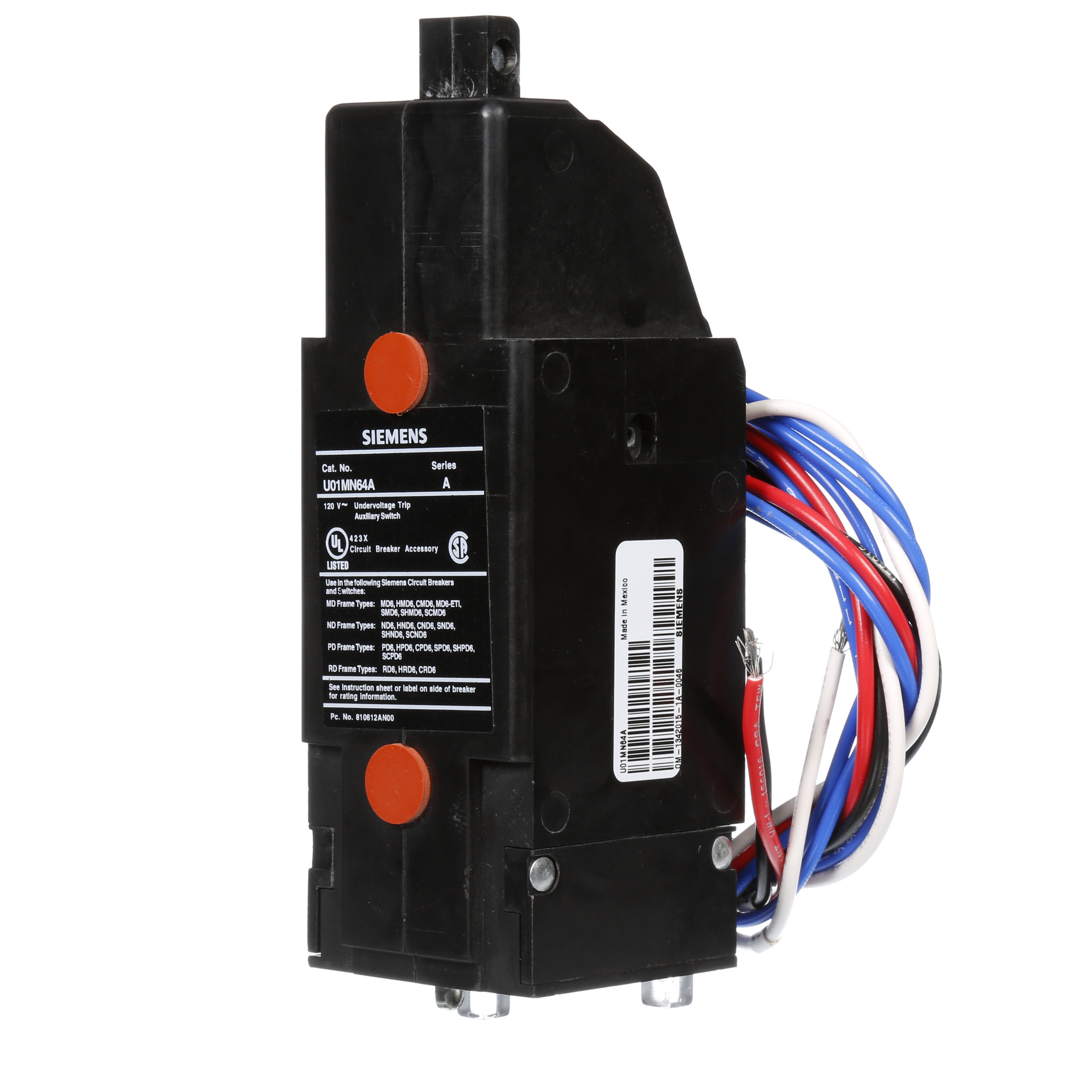 SIEMENS LOW VOLTAGE SENTRON MOLDED CASE CIRCUIT BREAKER INTERNAL ACCESSORY. 120VAC UNDERVOLTAGE REALEASE COMBINATION WITH FORM C 480 VAC AUXILIARY SWITCH (1NO/ 1NC). SUITS MD / ND / PD / RD FRAME BREAKERS.