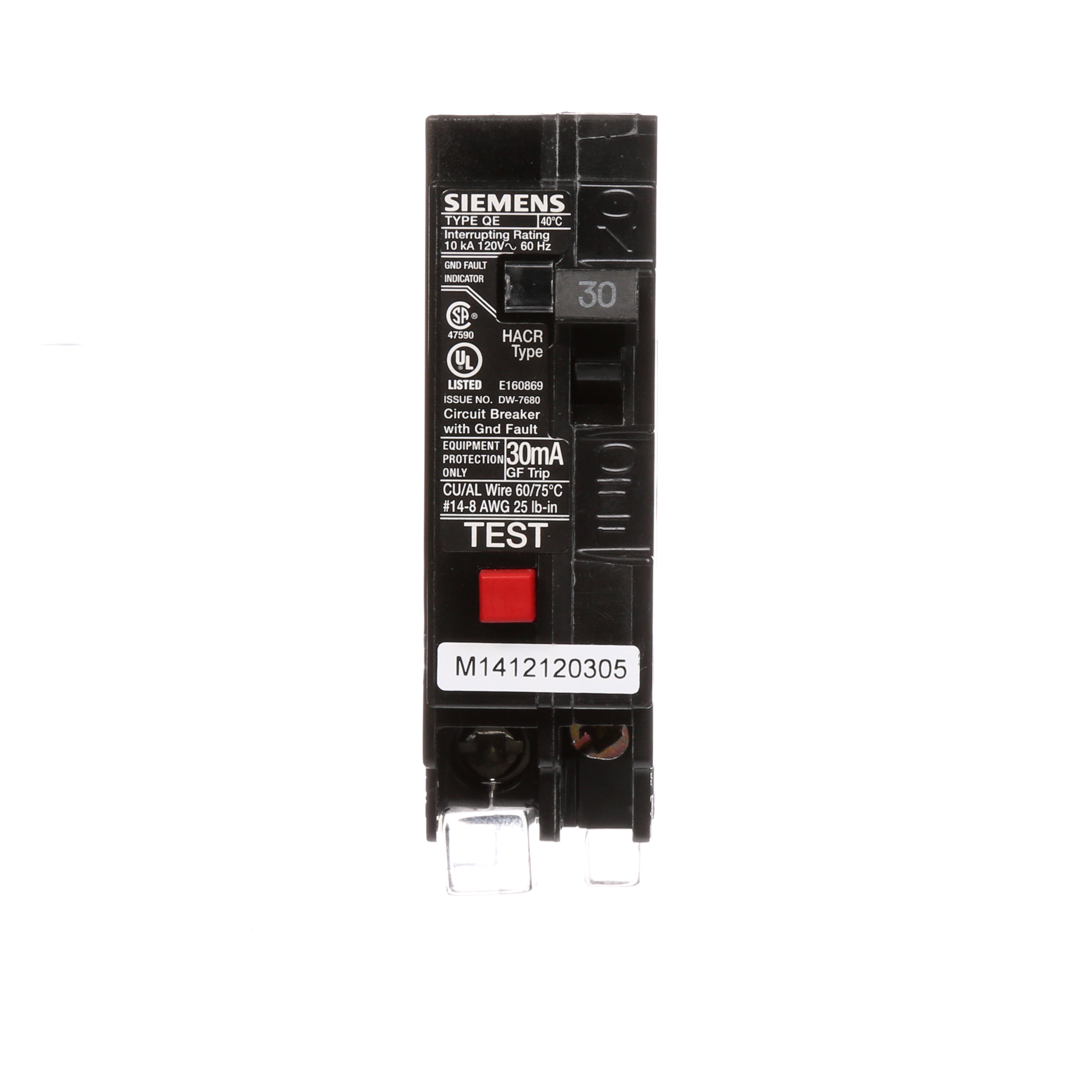 Siemens Low Voltage Residential Circuit Breakers Miniature Circuit Breakers GFCI - Equipment Protect 1-pole plug-on 10k are Circuit Protection Load Center Mains, Feeders, and Miniature Circuit Breakers. Sub Brand N/A Type QE Special Features N/A Application Electrical Distribution Standard UL 489 Voltage Rating 120V Amperage Rating 30A Load Rating N/A Frequency Rating N/A Phase N/A Frame N/A TripType N/A Trip Range Thermal Magnetic Interrupt Rating 10 AIC Number Of Poles 1P