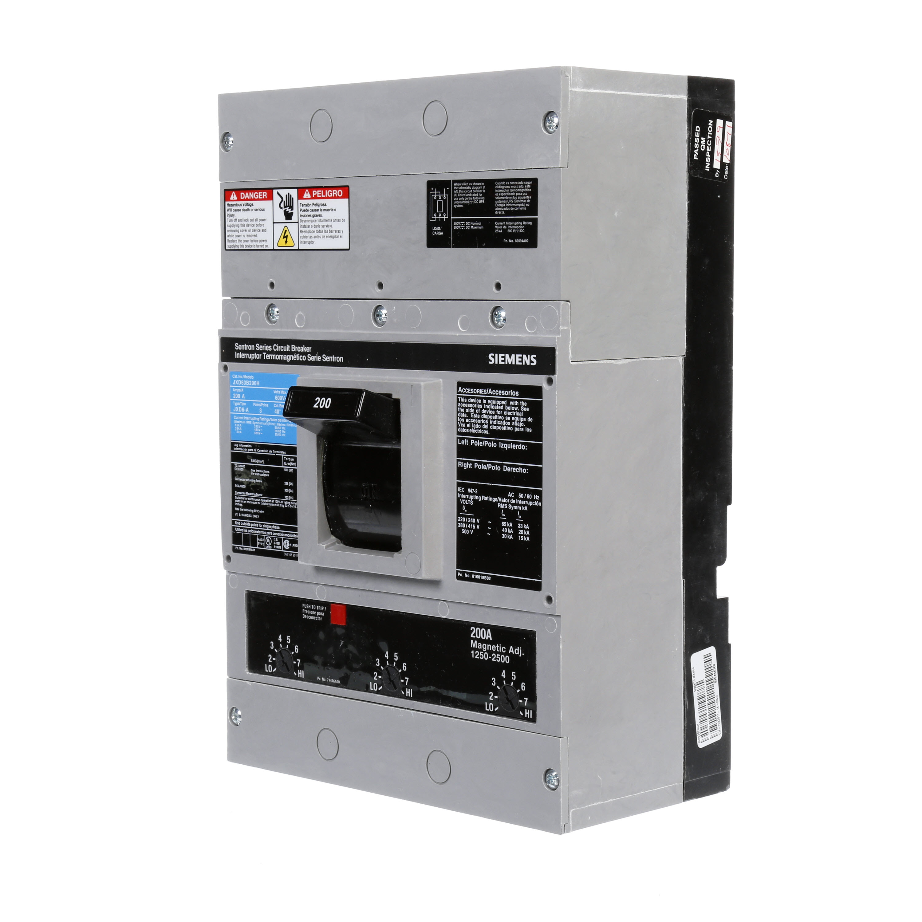 SIEMENS LOW VOLTAGE SENTRON MOLDED CASE CIRCUIT BREAKER WITH THERMAL - MAGNETICTRIP UNIT. ASSEMBLED 100 PERCENT RATED STANDARD 40 DEG C BREAKER JD FRAME WITH STANDARD BREAKING CAPACITY. 200A 3-POLE (25KAIC AT 600V) (35KAIC AT 480V). NON-INTERCHANGEABLE TRIP UNIT. SPECIAL FEATURES NO LUGS INSTALLED. DIMENSIONS (W x H x D) IN 7.50 x 11.0 x 4.00.