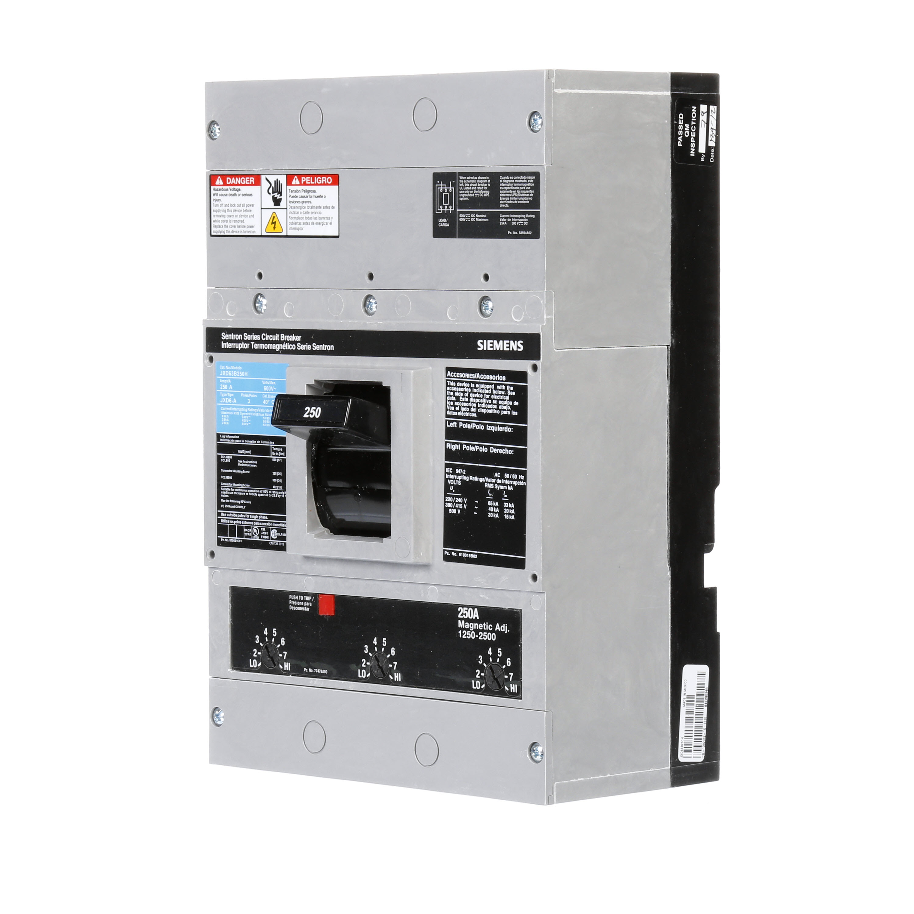 SIEMENS LOW VOLTAGE SENTRON MOLDED CASE CIRCUIT BREAKER WITH THERMAL - MAGNETICTRIP UNIT. ASSEMBLED 100 PERCENT RATED STANDARD 40 DEG C BREAKER JD FRAME WITH STANDARD BREAKING CAPACITY. 250A 3-POLE (25KAIC AT 600V) (35KAIC AT 480V). NON-INTERCHANGEABLE TRIP UNIT. SPECIAL FEATURES NO LUGS INSTALLED. DIMENSIONS (W x H x D) IN 7.50 x 11.0 x 4.00.